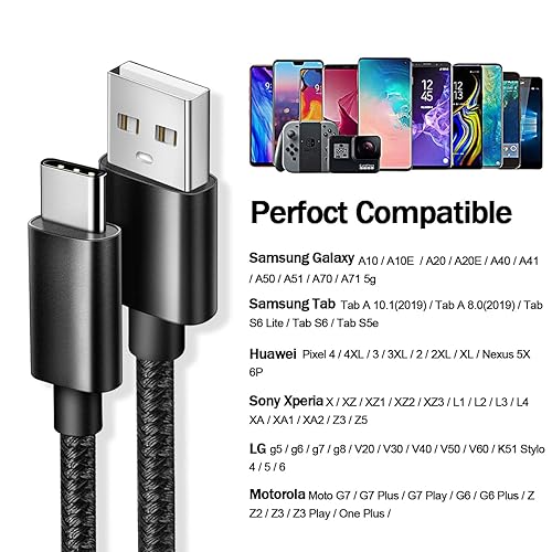 Miniatura 6 de Cable USB C, cable de carga Samsung, cable de carga tipo C, paquete de 2 cables USB A a USB C de 10 pies para Samsung, cable de carga rápida