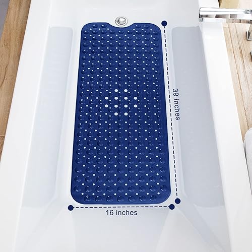 Miniatura 4 de Tapetes para bañera y ducha, antideslizante, 39 x 16 pulgadas, extra larga, lavable a máquina, con orificios de drenaje, ventosas para baño (azul