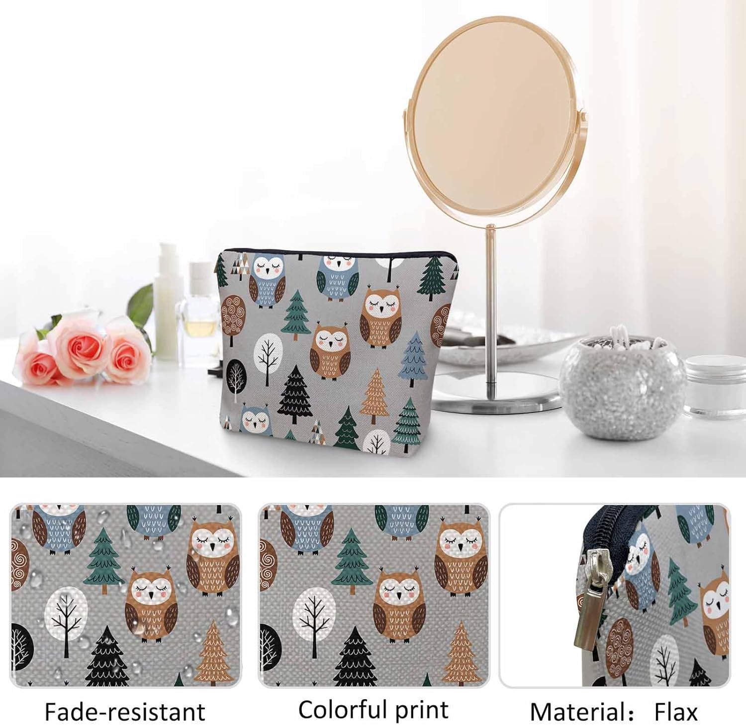 Owl Cosmetic Travel Bag, Cute Owls Woodland Trees Makeup Bag, Toiletry Bags for Women, Flax Cosmetic Bags, Make Up Bag Purse Toiletries Bag Birthday Gift - Image 5