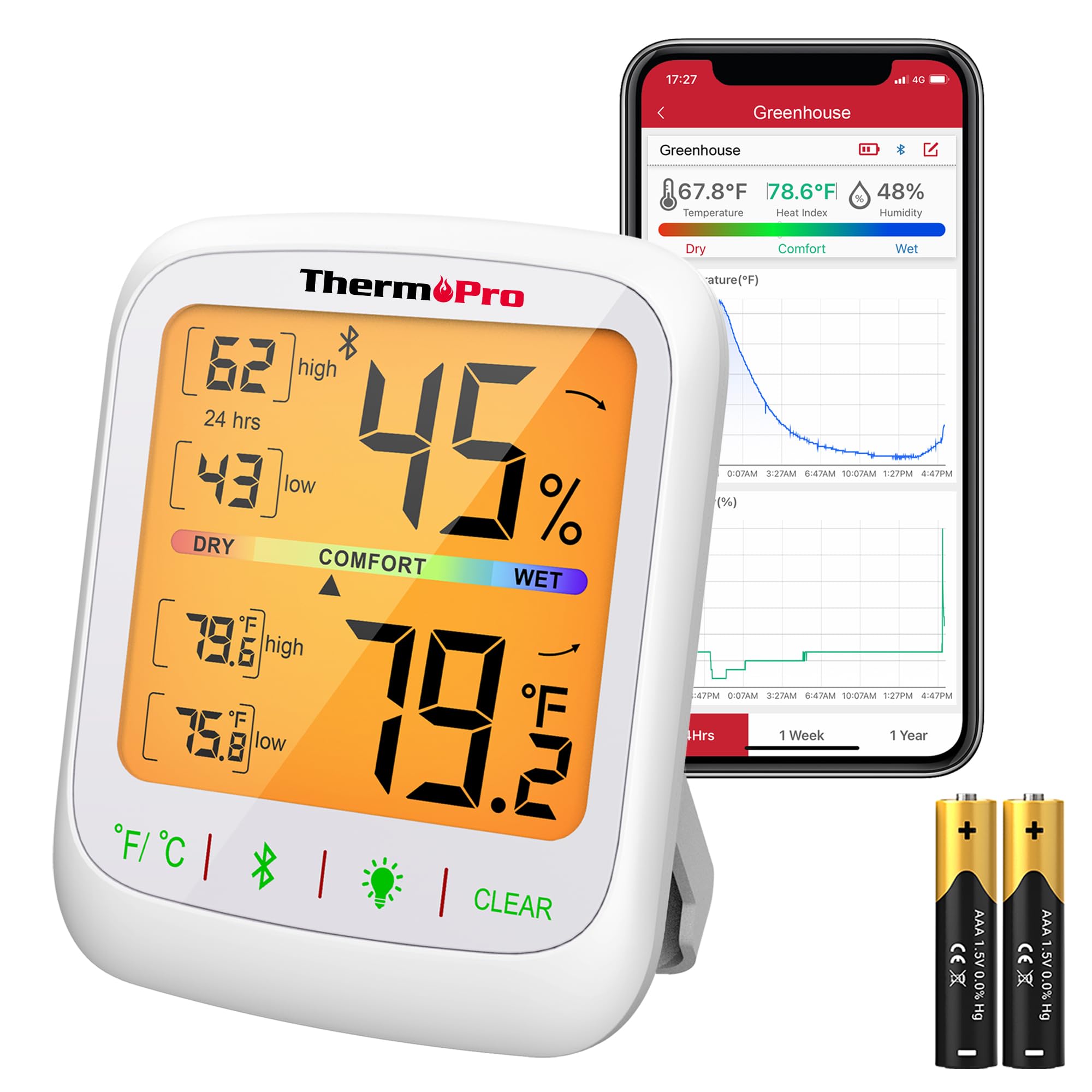 TP359 Bluetooth Hygrometer Thermometer, 260FT Wireless Remote Temperature and Humidity Monitor, with Large Backlit LCD, Indoor Room Thermometer and Humidity Gauge, Max Min Records