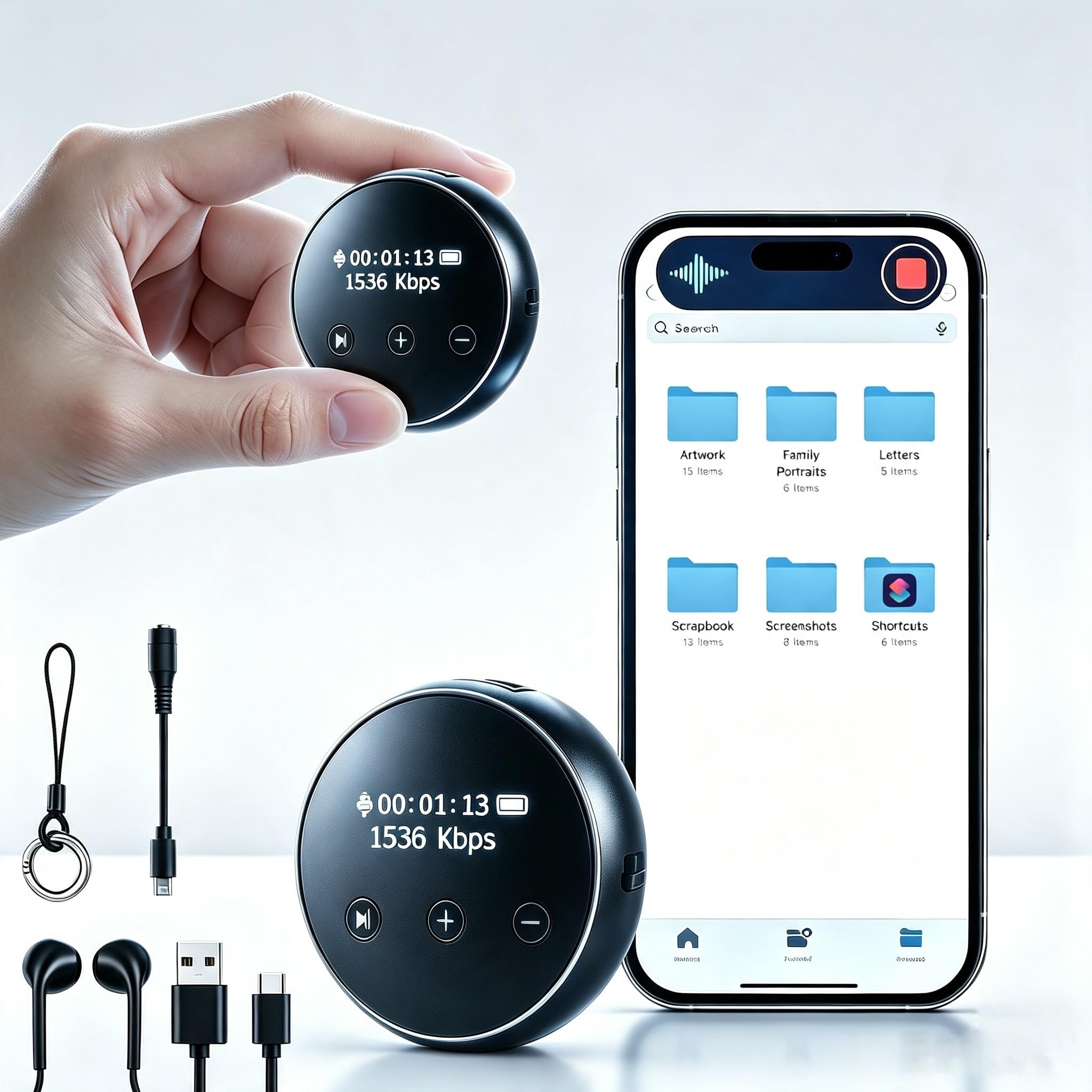 Grabadora de voz digital de 64 GB con DSP triple cancelación de ruido, grabación continua de 20 horas, dispositivo de grabación activado por voz, grabación con un solo toque, función magnética para