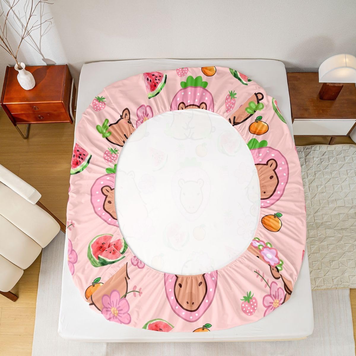 Capybara Lover Fitted Sheet, Capybara Decor Bedding Set Queen for Kids Girls Bedroom, Cartoon Rodent Animal Bed Sheets Capybara Decorations Watermelon Strawberry Sheets Kawaii Decor,Pink