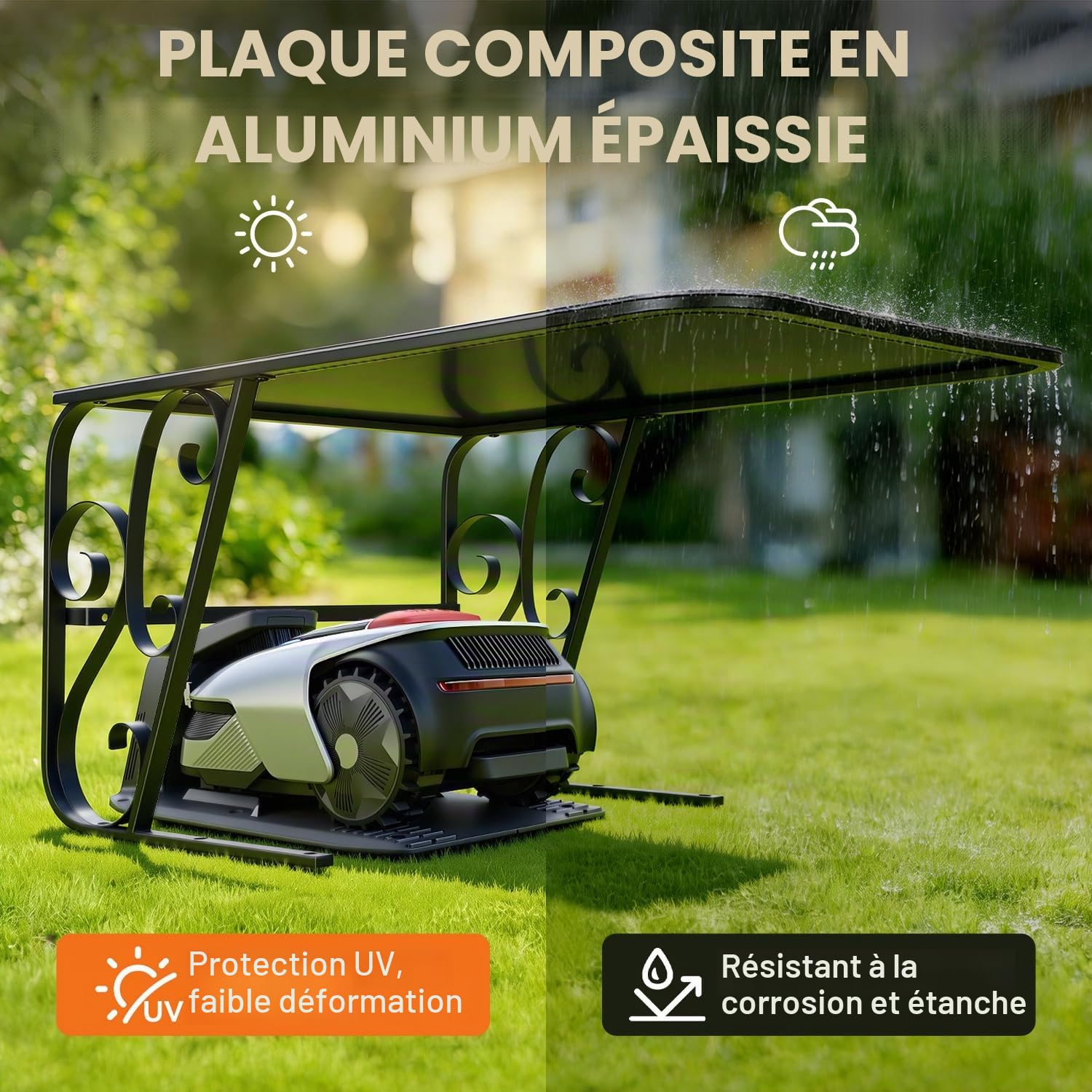 Garage pour robot tondeuse avec pieds en métal - Toit de protection pour carport - Toit pour tondeuse à gazon - Protection UV | Idéal contre la pluie et la grêle 43x56x82cm Noir