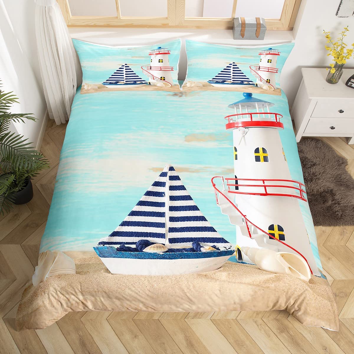 Funda de edredón náutica de mar, funda de edredón temática de playa, juego de ropa de cama de barco de vela a rayas azul marino, súper King, decoración de faro de caracola, funda de edredón de 3
