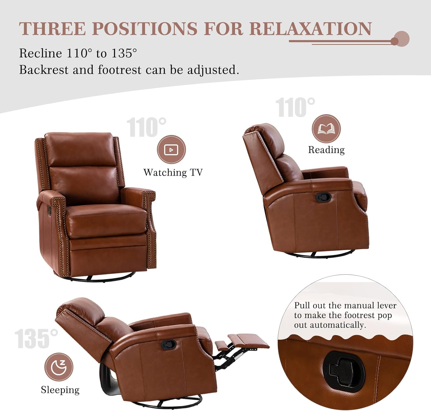 HULALA Home Genuine Leather Swivel Rocker Recliner Chair Set of 2 for Living Room,Manual Glider Recliner with Adjustable Backrest & Footrest,Modern Home Theater Sofa Armchair with Nailhead Trim,Brown