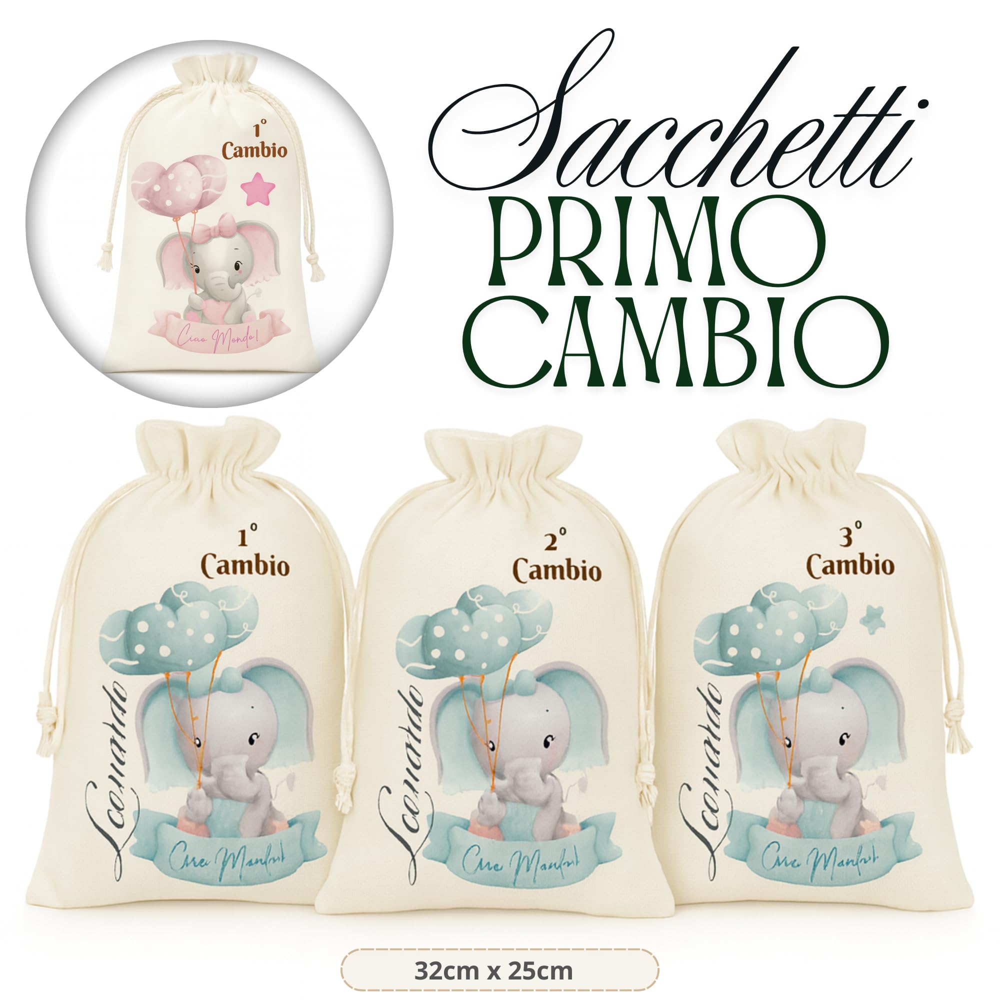 Sacchetti Primo Cambio Ospedale Personalizzati con Nome – Set Nascita Neonato Bimbo/Bimba – Sacchetto Corredino Maternità – Idea Regalo Baby Shower – Made in Italy