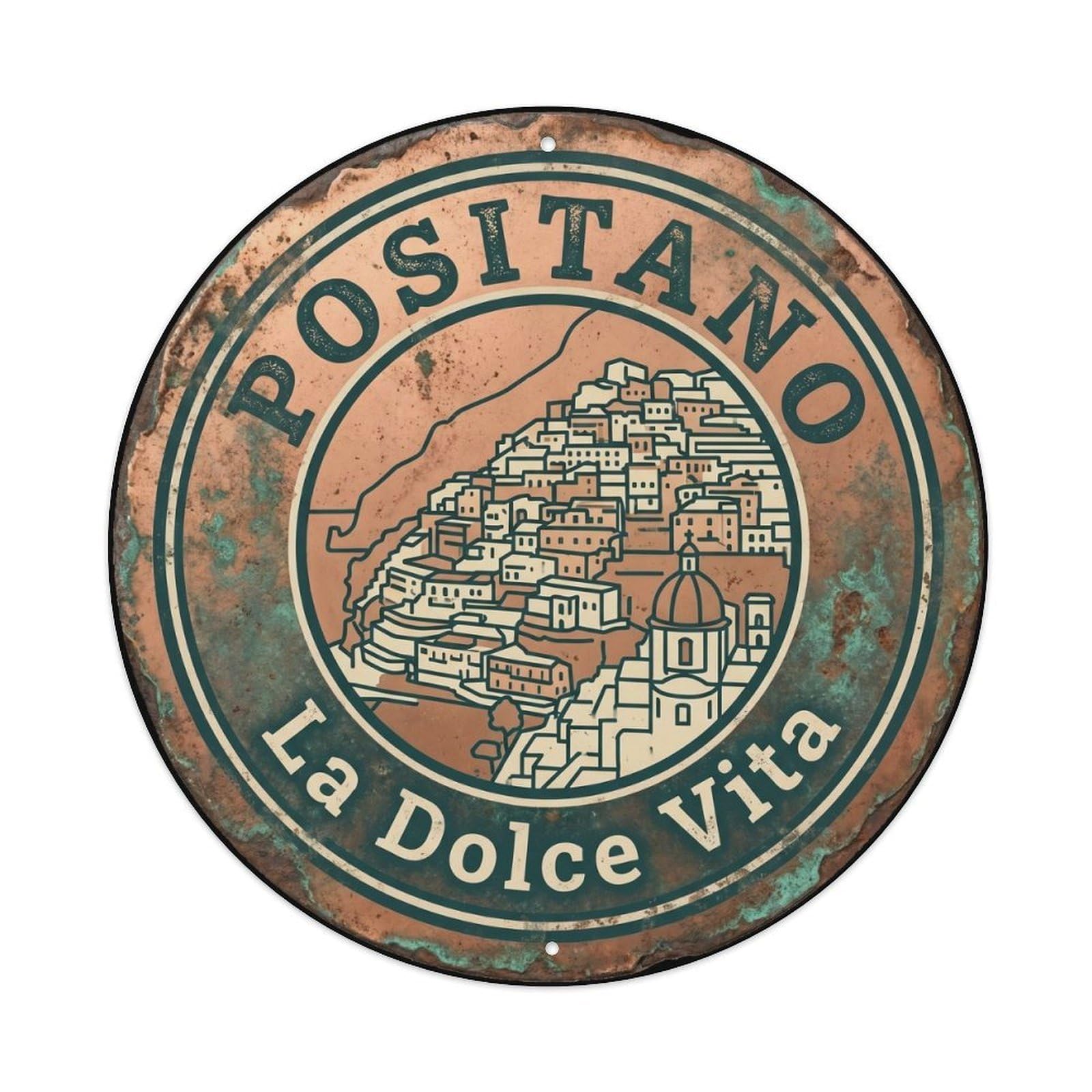 Vintage Travel Positano Italy Cliffside Metal Tin Sign Plaque Wall Decor for Cafe, Club, Garden Round Metal Poster 8x8Inch