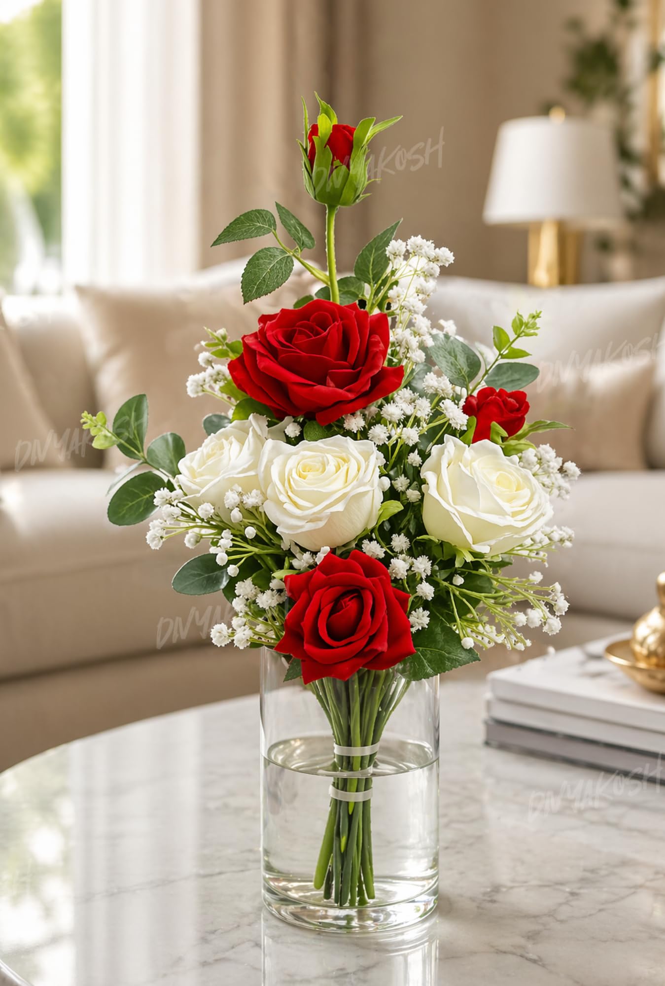 Divyakosh Artificial Flowers for Home Decoration, Flora for Decor | Artificial Flowers for Vase (VASE NOT Included) Decorative Items for Living Room, Artificial Flowers Bunch 7 Roses (Red & White) |