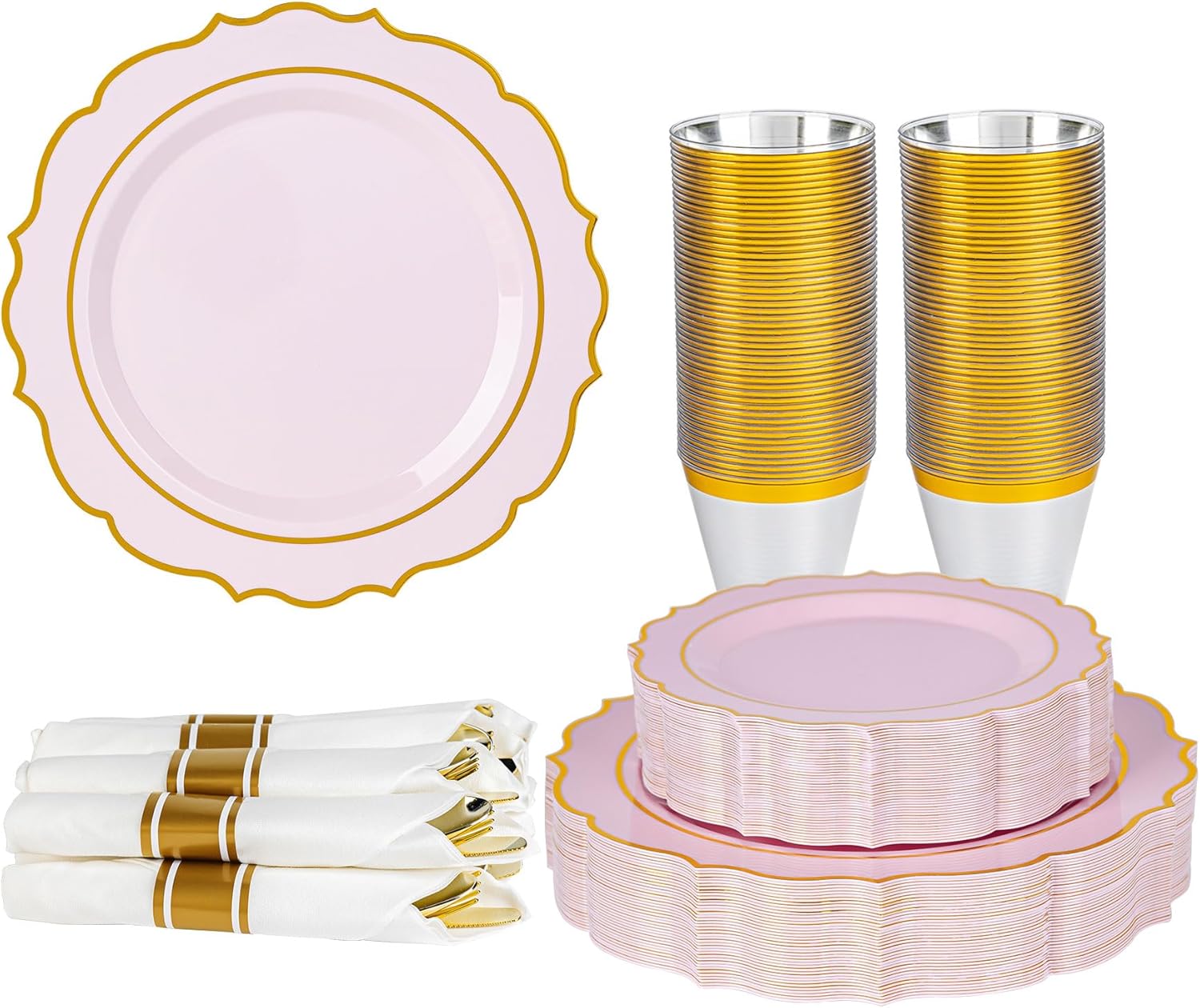 350PCS Pink Plastic Plates, Gold Plastic Dinnerware Sets for 50 Guests, Include 100 Disposable Plates, 50 Cups and 50 Pre Rolled Napkins with 150 PCS Gold Silverware for Party and Wedding