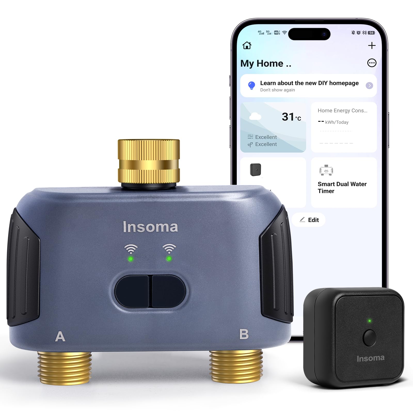 Timer wody WiFi do węża ogrodowego z mosiężnym wlotem i wylotem, inteligentny timer węża z koncentratorem WiFi, aplikacją i sterowaniem głosowym, do 20 planów nawadniania, 2-strefowy kontroler systemu