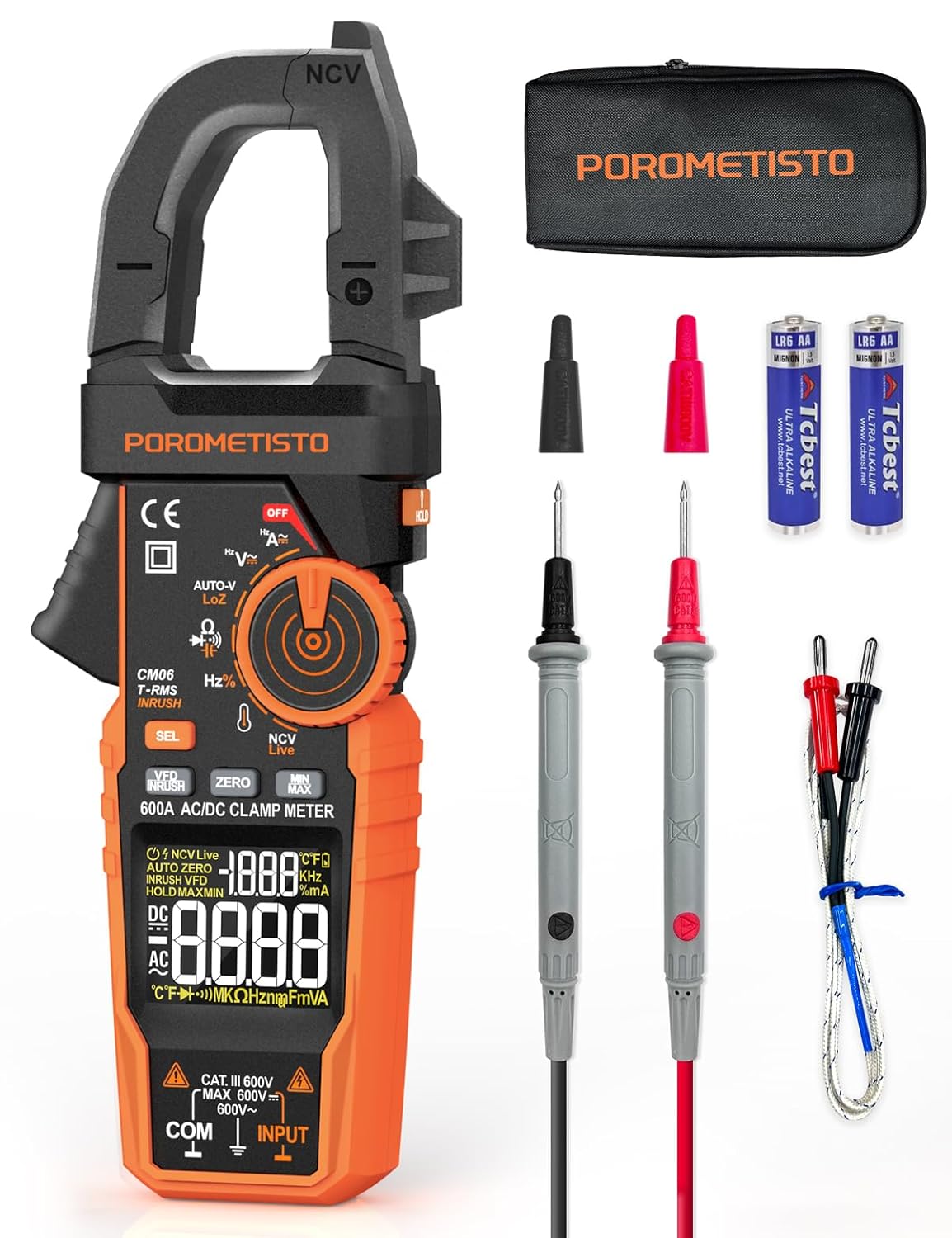 Inrush Clamp Meter with Flashlight,CM06 Clamp Multimeter,T-RMS 6000 Counts 600A Amp Meter with VFD, LOZ,NCV, AC/DC Voltage Current,Continuity Capacitance Frequency Resistance Temperature