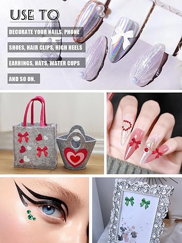 Miniatura 6 de CYHYII - Lazos 3D para arte de uñas, lazos coloridos mezclados con pajarita roja, verde, azul, diamantes de imitación para uñas, parte trasera