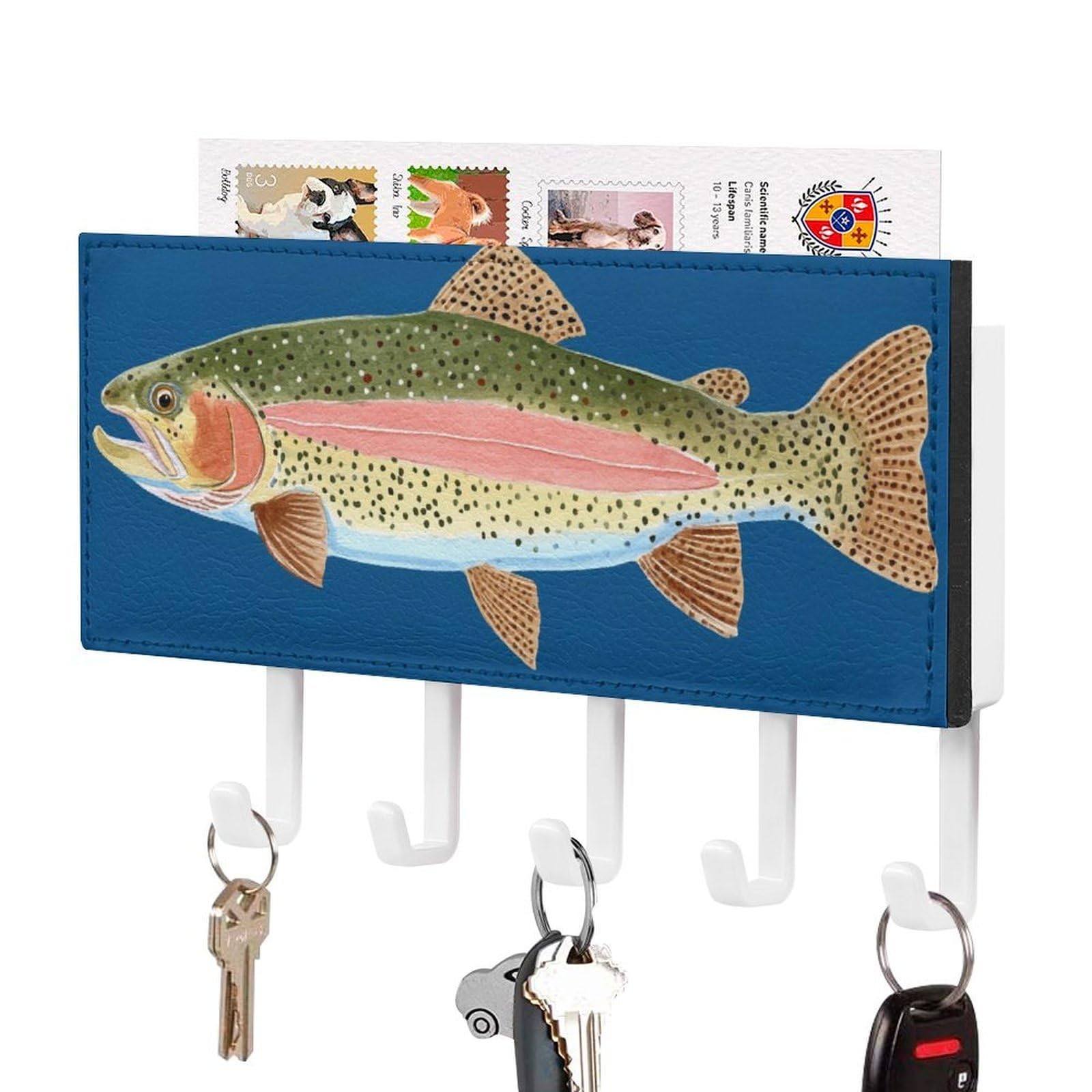 Jubonexis Rainbow Trout on Blue Wall Mount with 5 Hooks Acrylic Key Rack for Home Office Entryway