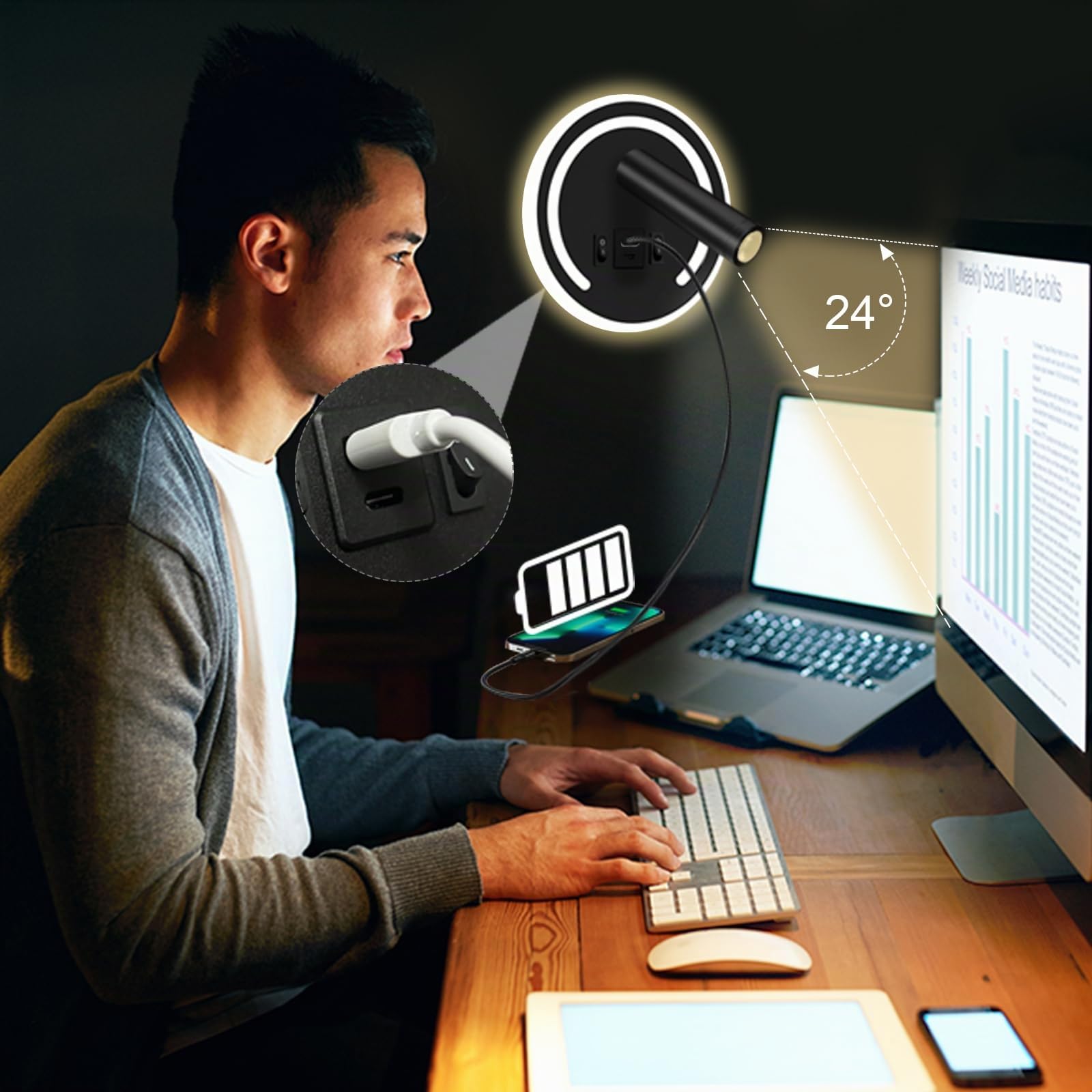 HUIZHOU applique liseuse 3W + 9w LED lampe de lecture, port de charge USB, lampe de chevet rotative 3000k pour chambre à coucher, escalier, couloir, Bureau (Rond noir)