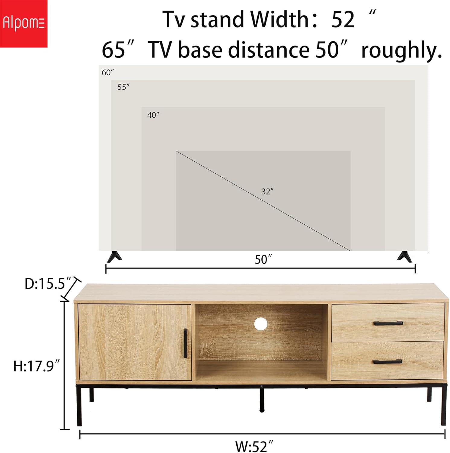 TV Stand for 55/60 Inch TV, Modern Wood Entertainment Center with Storage, 52" Media Console Table with 2 Drawers & Door Cabinet, Television Stands for Living Room & Bedroom(Burlywood) - Image 3