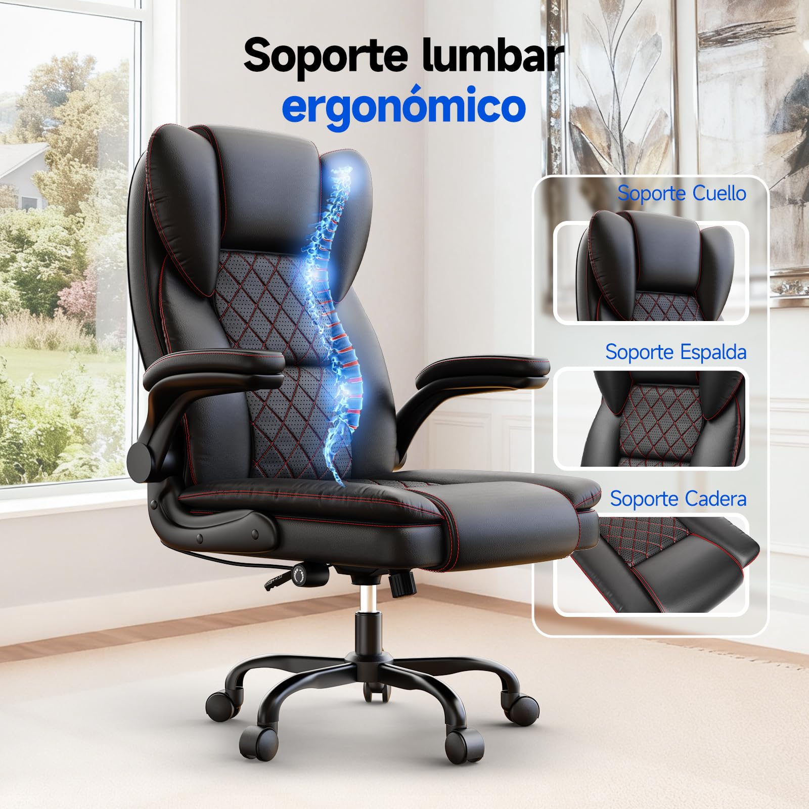 rattantree Silla de Oficina, Sillas de Escritorio Ergonómica con Reposabrazos Abatibles de 90°, Ruedas Giratorias, Tapizado de Cuero y Altura Ajustable, Adecuada para Uso en La Oficina y Hogar, Negro