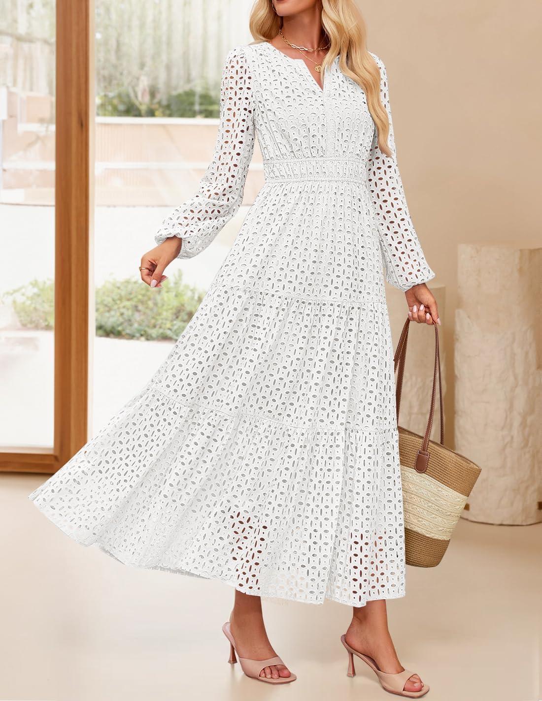 ZESICA Women's 2026 Spring Long Sleeve Maxi Dress V Neck Hollow Out Eyelet A Line Long Flowy Casual Party Dresses - Image 3
