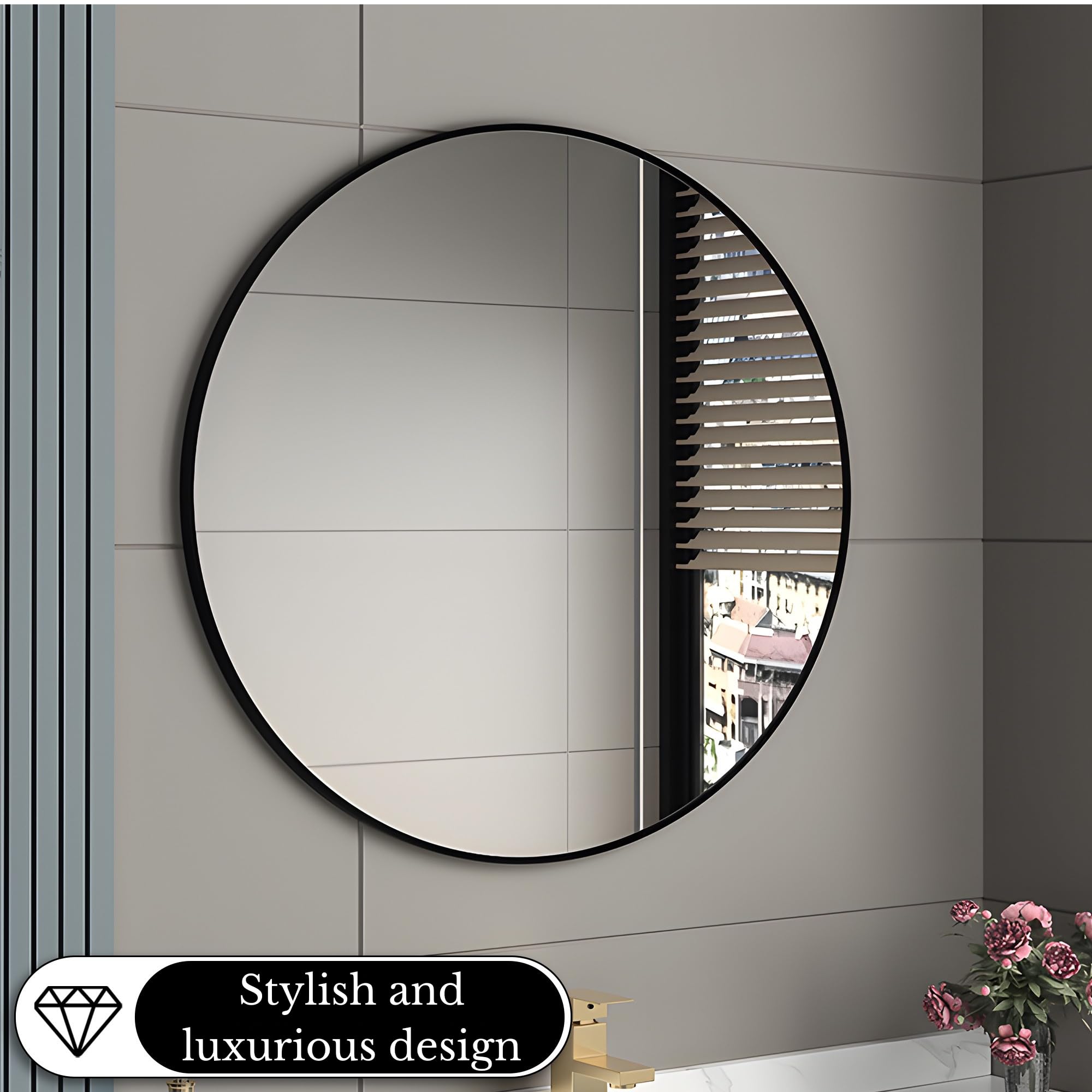Bayt Specchio da Parete Rotondo Ø 50 cm – Specchio Bagno, Ingresso e Camera da Letto, Resistente all'Umidità, Metallo, Kit di Fissaggio, Nero Opaco
