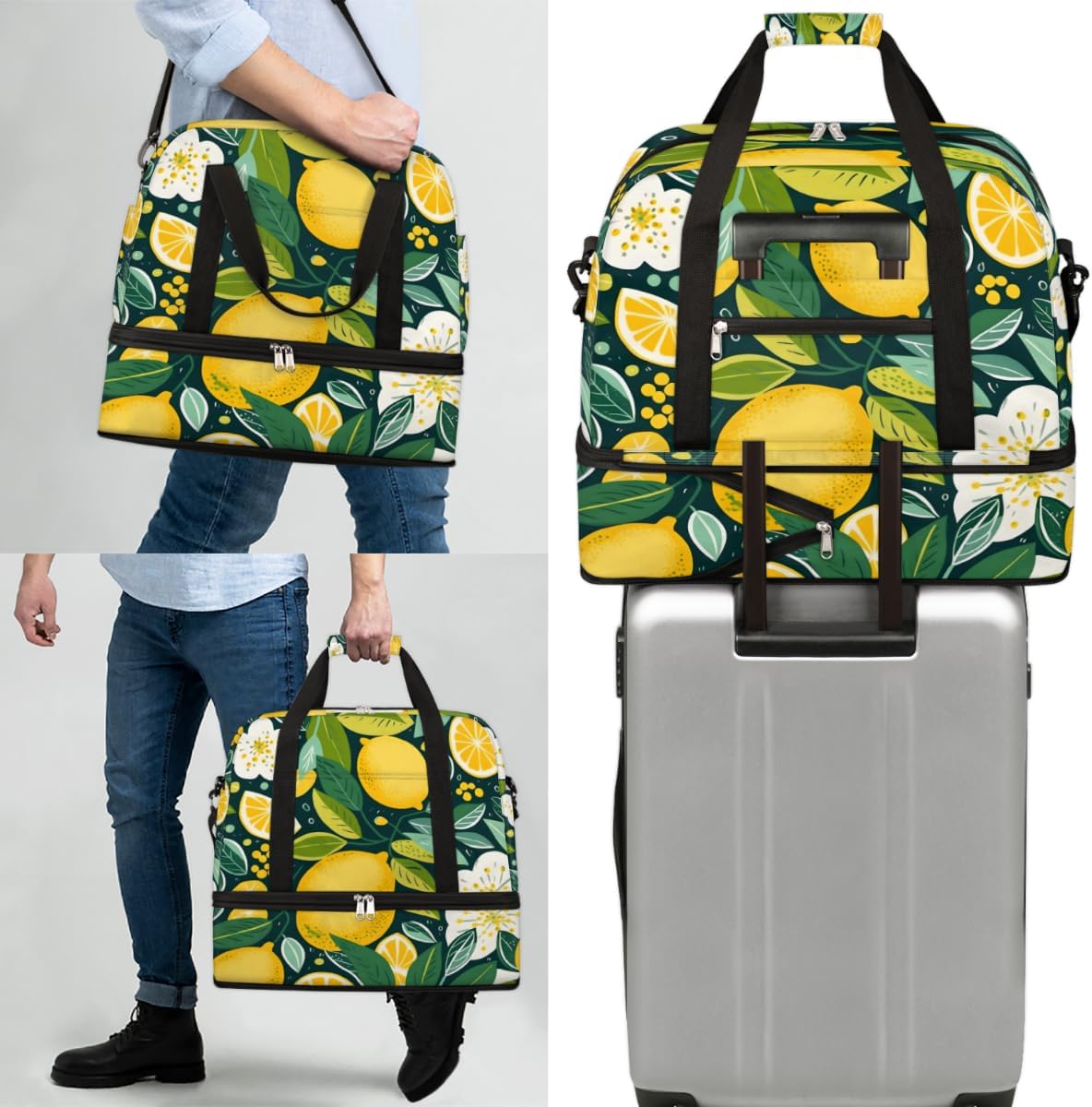 QsirBC Lemon Foods Decor Gym Bag for Women Duffle Tote with Shoes Compartment Men Weekender Duffel for Dance Travel Sports Swimming Overnight