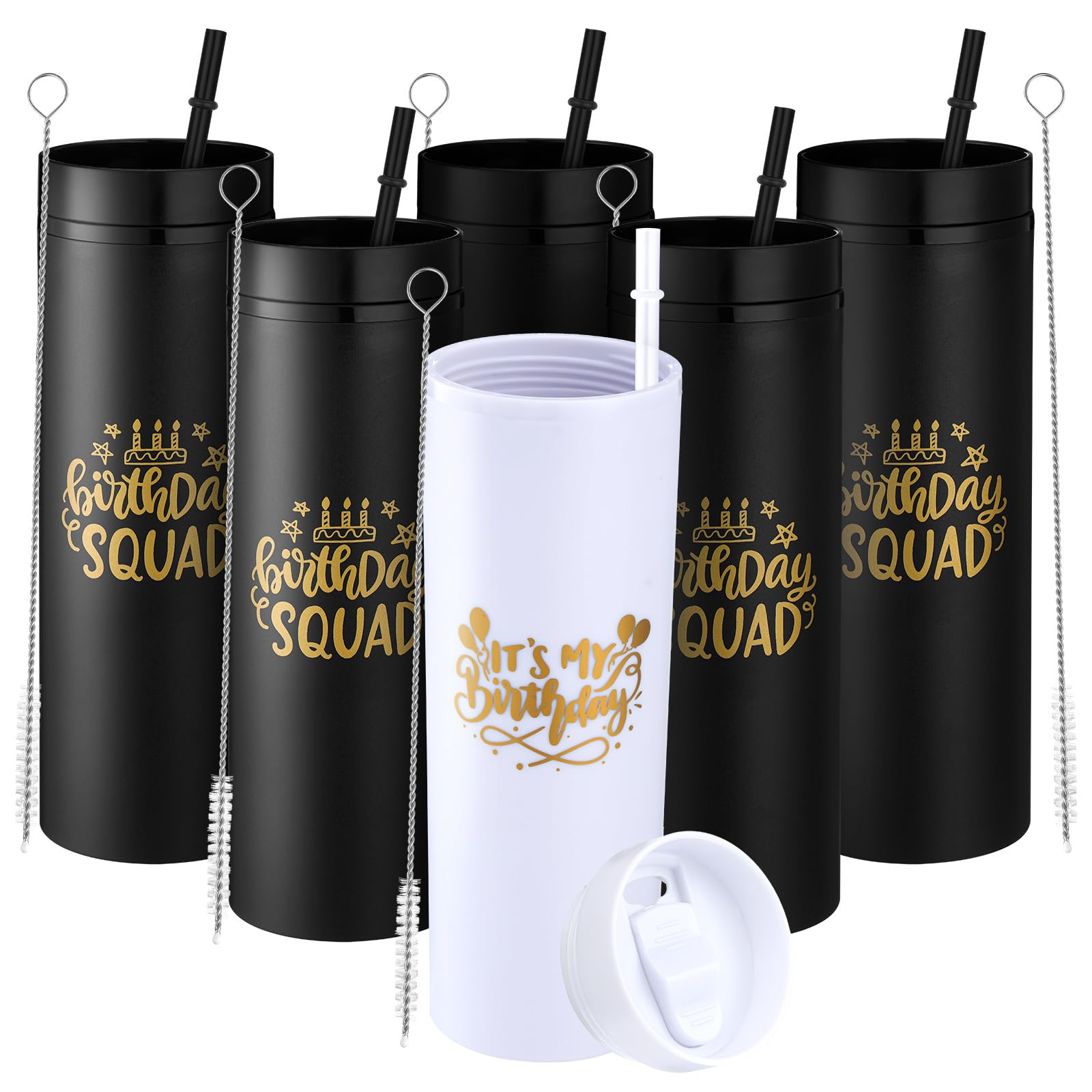 6 Pcs Birthday Party Tumblers 16 oz Birthday Squad Skinny Tumbler with Lid and Straw Double Wall Plastic Tumblers for 20th 30th 40th 50th 60th Birthday Party Favor for Women(Black)
