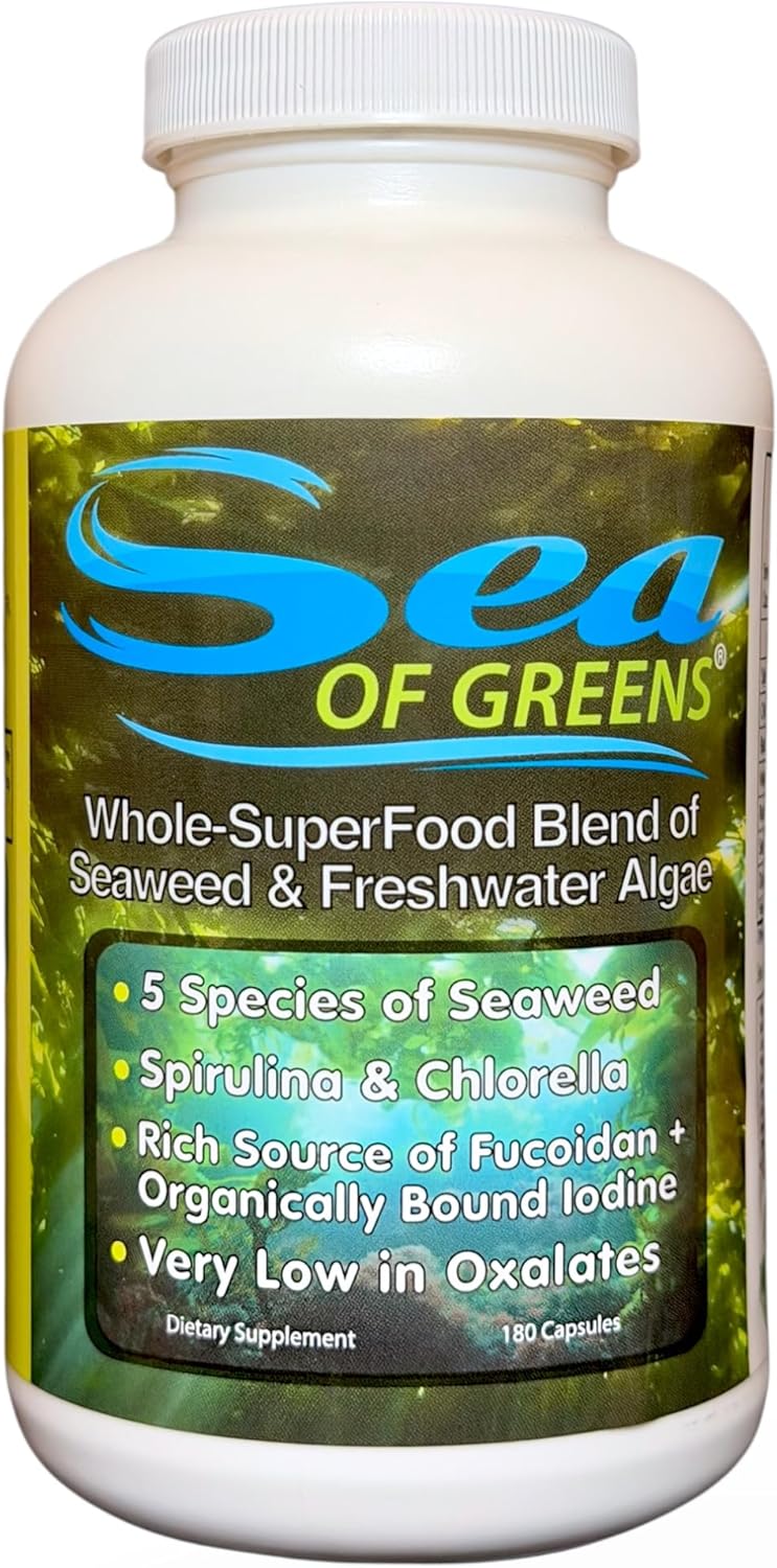 Sea of Greens – Organic Seaweed & Algae Superfood Blend – Spirulina, Chlorella, Bladderwrack, Wakame – Natural Iodine & Fucoidan – Oxalate-Free – 180 Vegetable Capsules