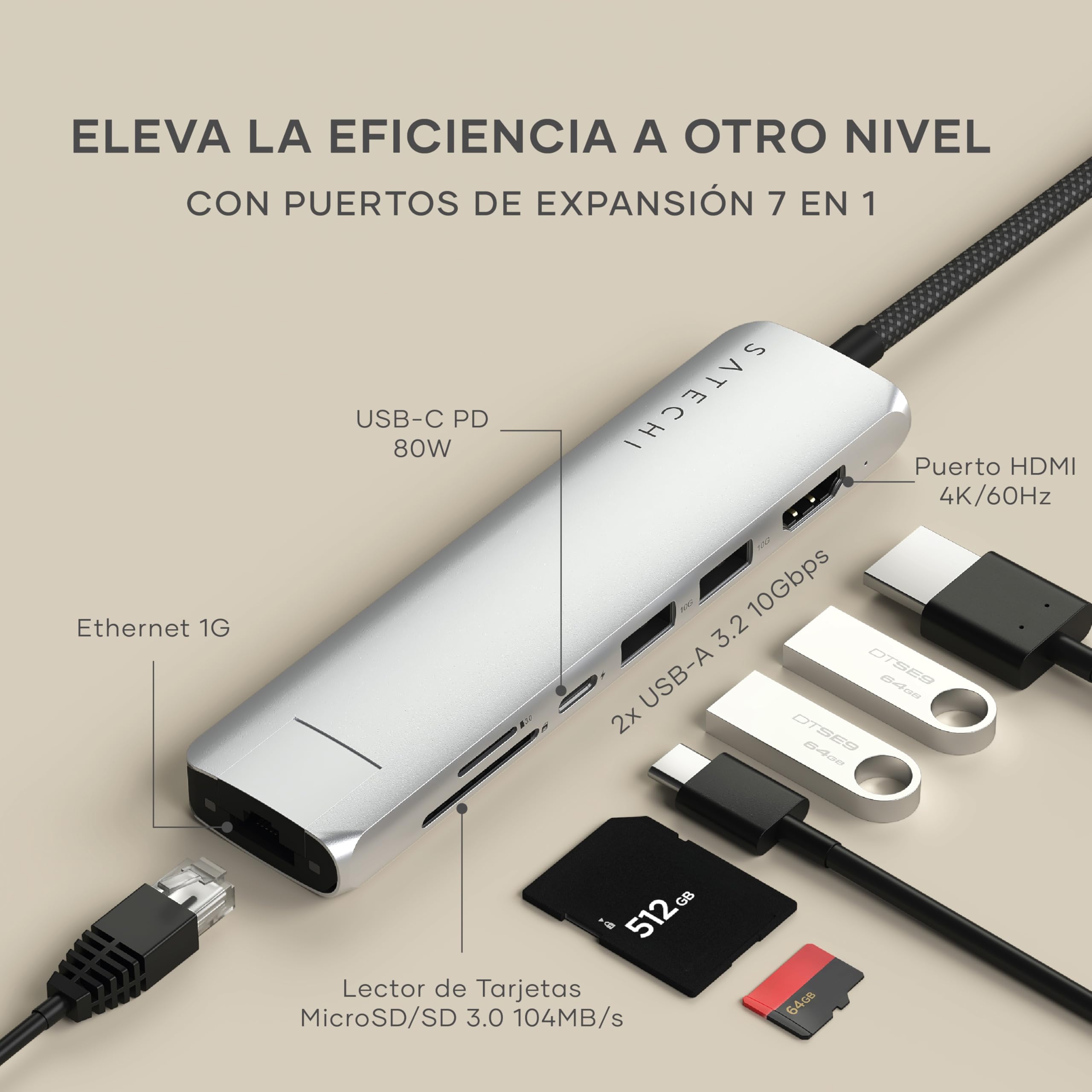 SATECHI 7 en 1 Hub USB C Slim Plus Adaptador Multipuerto con Ethernet, Carga PD 100W, HDMI 4K@60Hz, 2X Puertos USB-A 10Gbps y SD/microSD para MacBook Air/Pro/Neo, PC Portatil y más – Plata