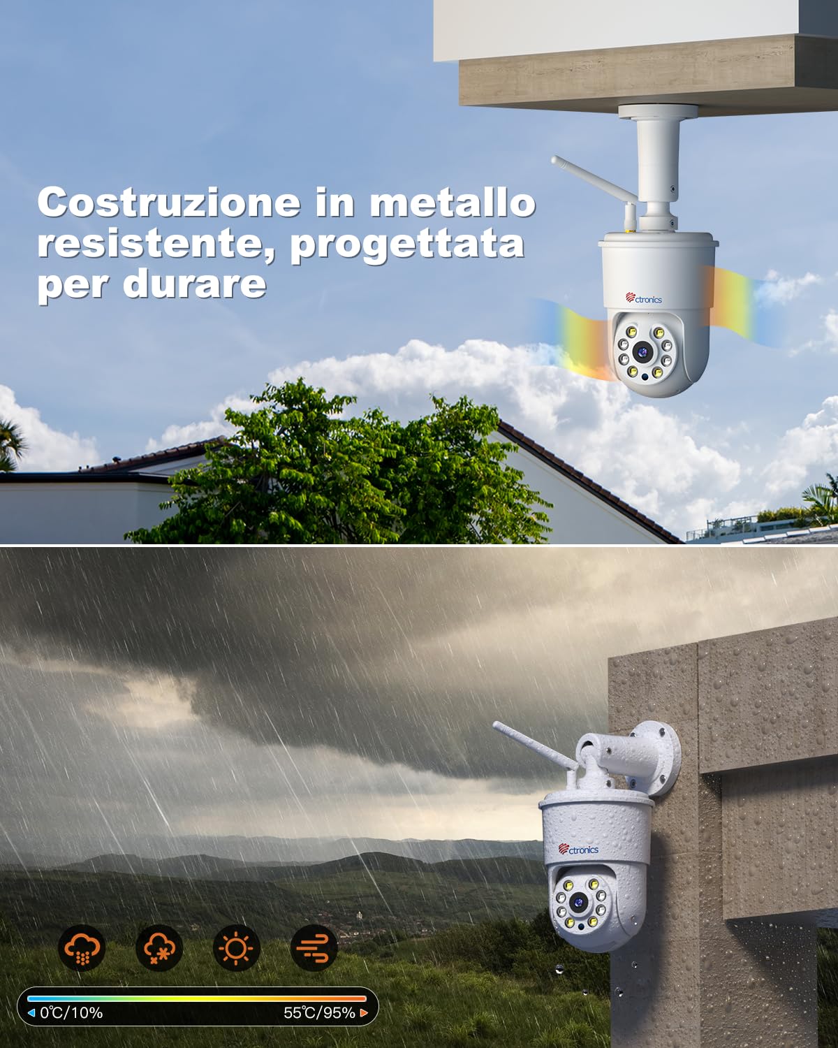Ctronics 4K 8MP Telecamera da Esterno WiFi, Auto-tracking, Rilevamento Persone/Veicoli/Animali, Allarme sonoro e luminoso, 2,4/5GHz, Visione a Colori, Archiviazione 256GB TF/Cloud【Metallo Pieno】