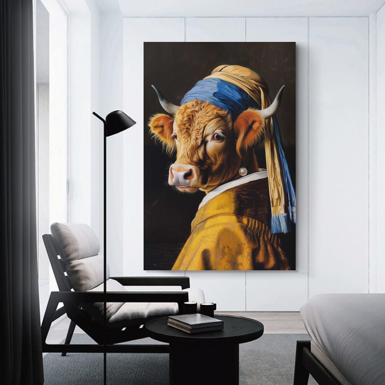 Junmoney Unframe-Style-21 Wall Art Print Highland Cow Pearl Earring, 12X18inch(30X45cm), For Contemporary Homes, Apartments Or Offices, An Easy Choice For New Home Styling
