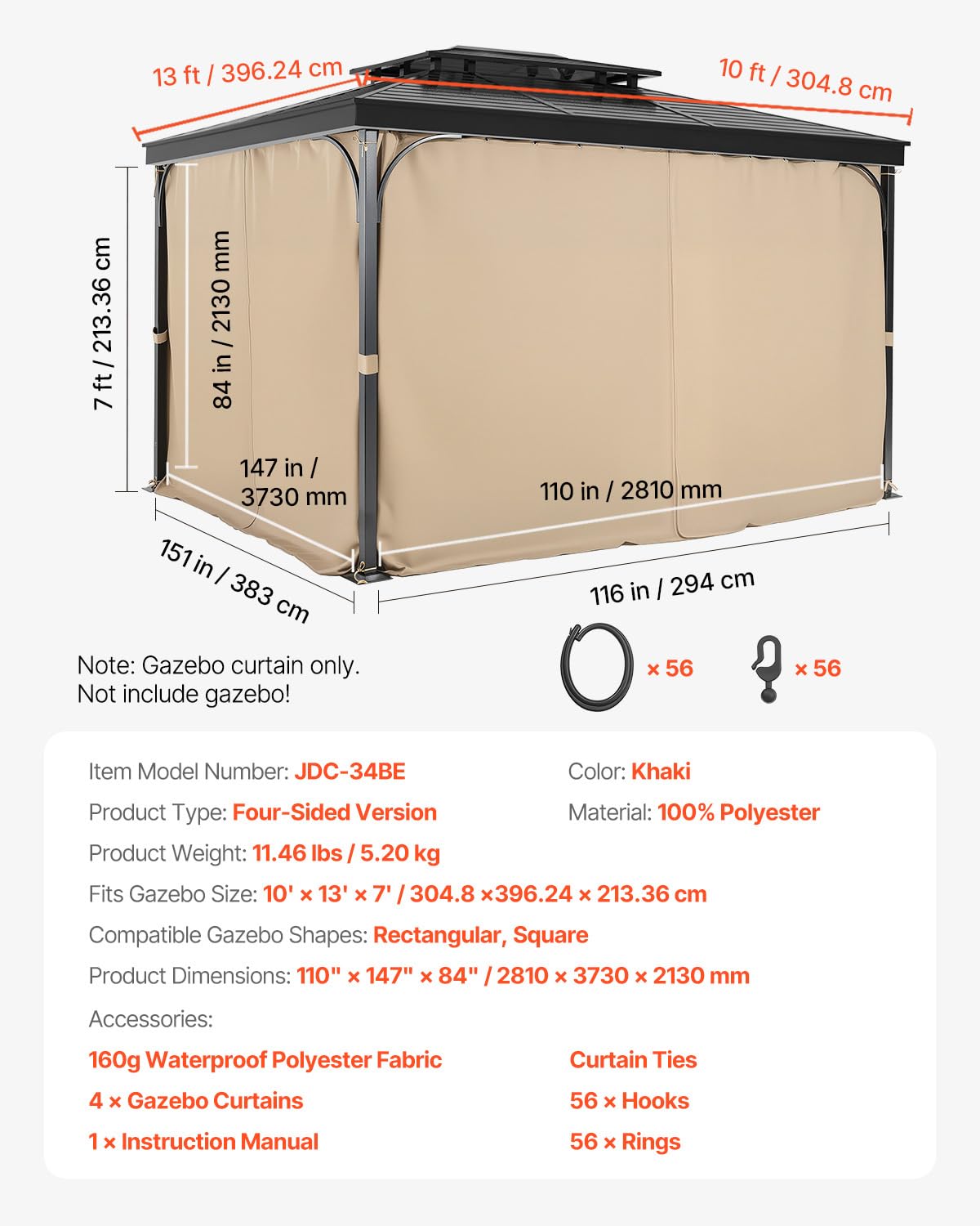 VEVOR Rideau d'Intimité pour Tonnelle Extérieur, 281x373x213 cm, Rideaux Pare-Soleil Universel Polyester Imperméable de Remplacement, avec Fermeture Éclair, pour Auvent Patio, Rideau Uniquement, Kaki