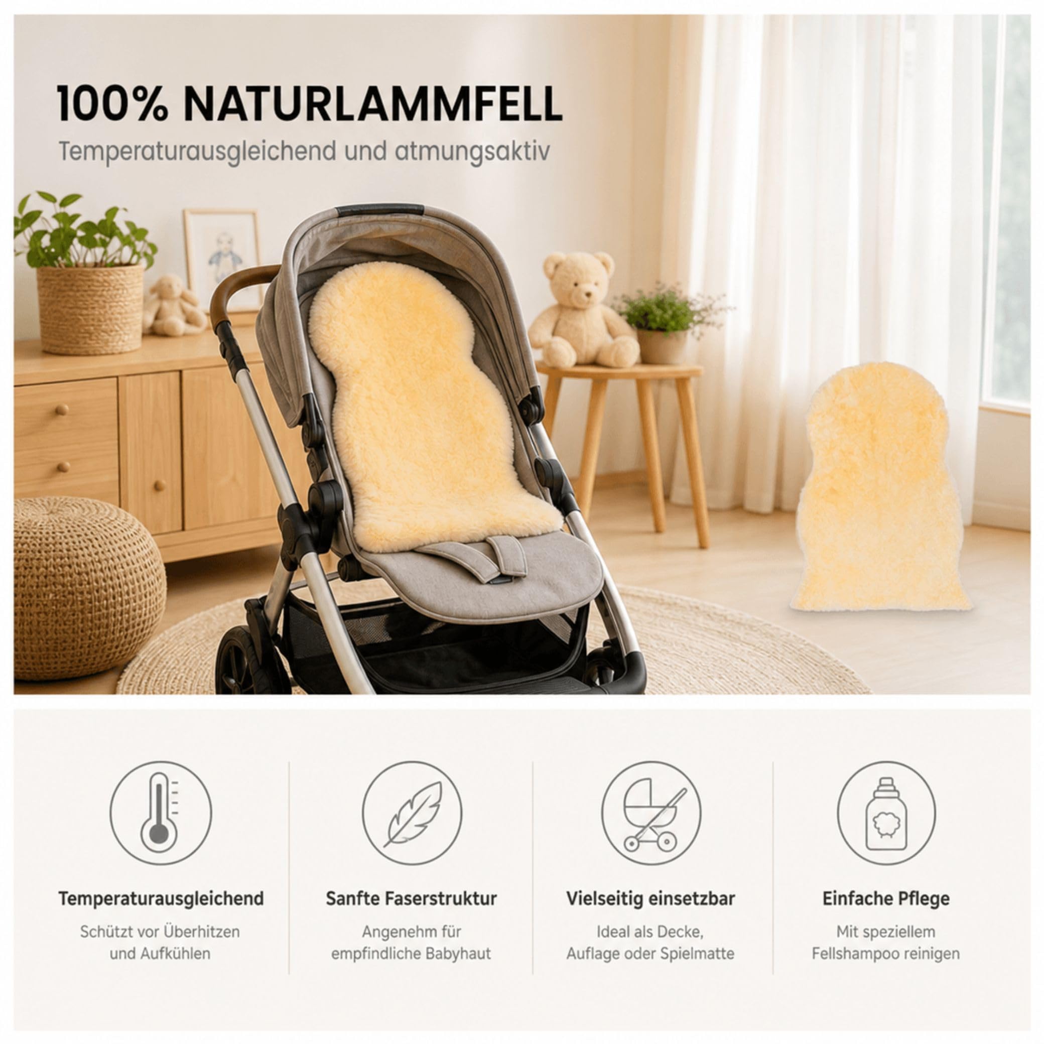 Fillikid Lammfell echt Natur Kinderwagendecke Krabbeldecke Spieldecke Baby Lammfell medizinisch gegerbt weich hautfreundlich Sitzauflage