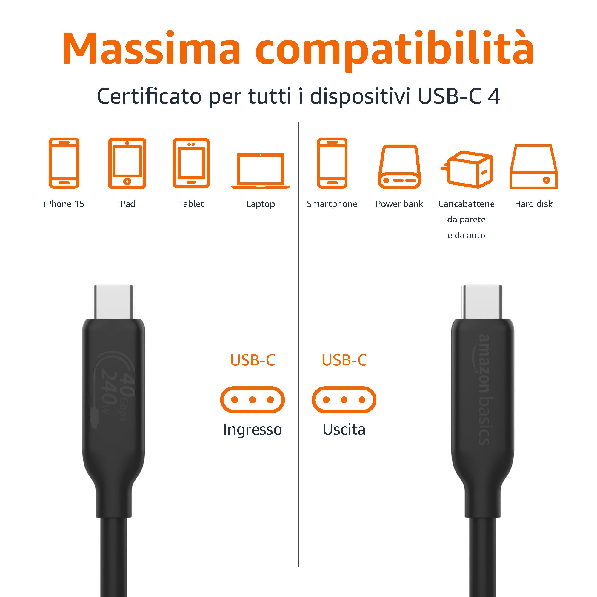 Amazon Basics Cavo di ricarica da USB-C a USB-C 4, 40 Gbps, video 8K, 240 W, cert. USB-IF, compatibile con Thunderbolt 4/3, per iPhone 16/15, iPad, Samsung Galaxy, tablet, laptop, 1 m, nero