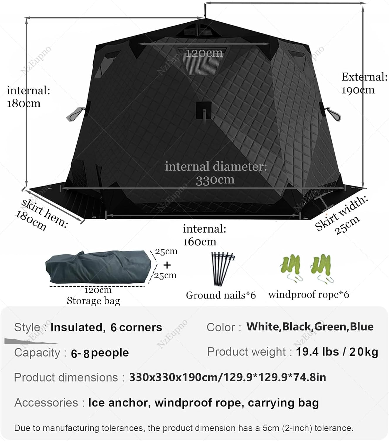 Insulated Ice Fishing Tent with Anchors, Ropes & Carry Bag, Winter Portable Pop-Up Shelter for 6-8 Person, Windproof 6 Sided Ice Shanty Hut for Outdoor Igloo Fishing Black