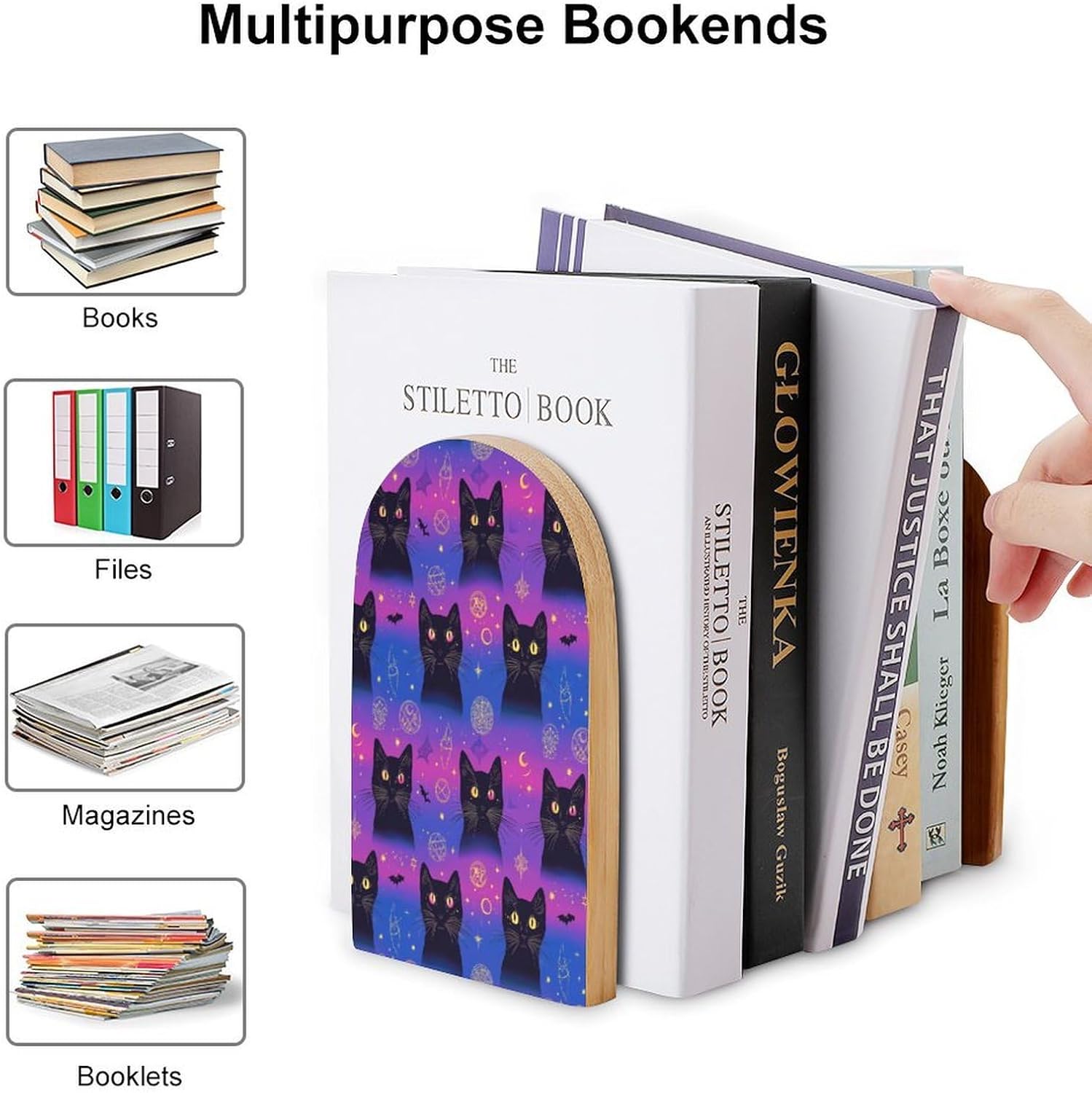 Black Cats with Glowing Eyes Cute Wood Book Ends Decorative Bookends 1 Pair Non-Skid for Shelves Home Office 7 X 5 Inch