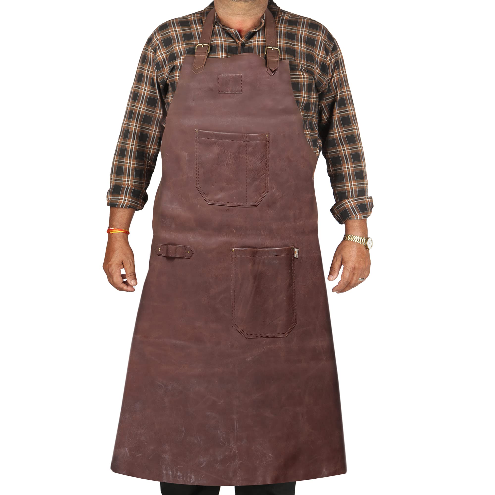 LL LEATHER LOVERS Adjustable Leather Aprons - Heat & Flame-Resistant Heavy Duty Work Forge Apron with Multiple Pockets for Men (Small, Redis Brown-02)
