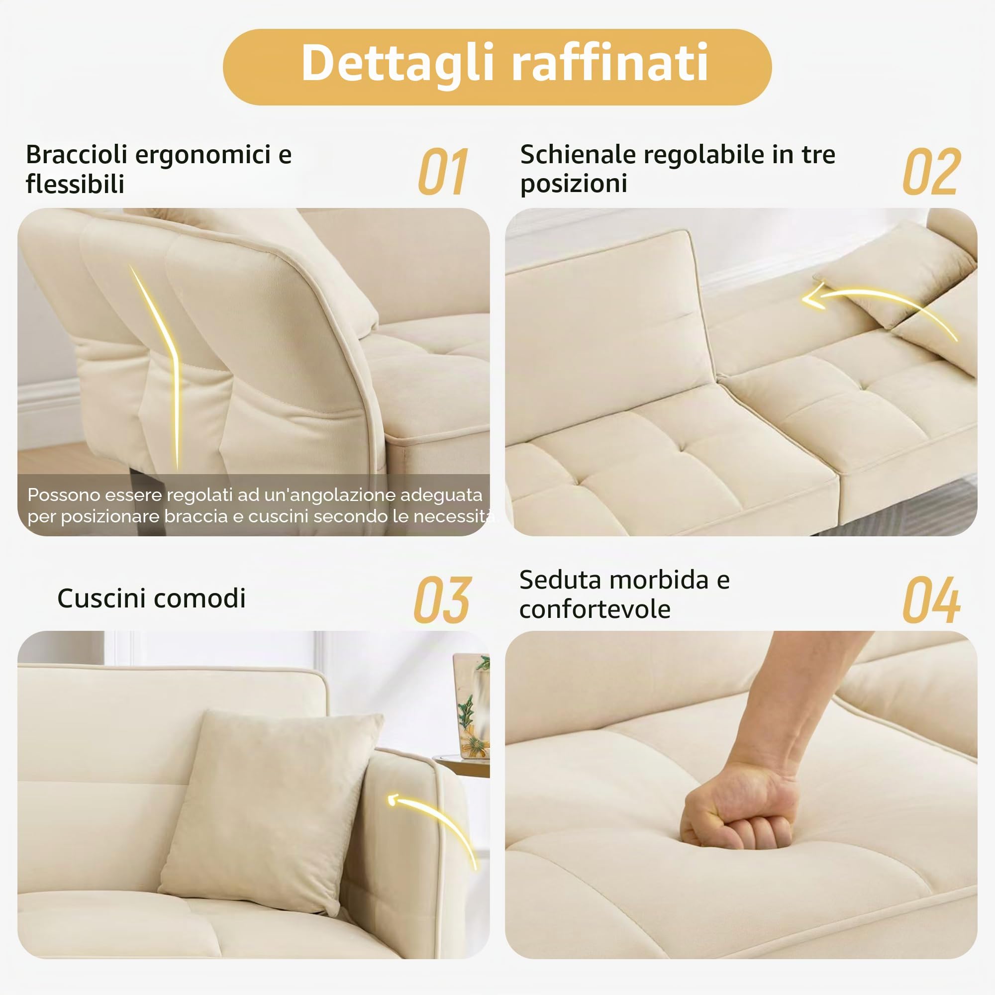 Azkoeesy Divano Letto 2 Posti in Velluto 176 cm, Schienale e Braccioli Regolabili, Piedi in Legno Massello, 2 Cuscini Inclusi, per Soggiorno e Ufficio (beige)