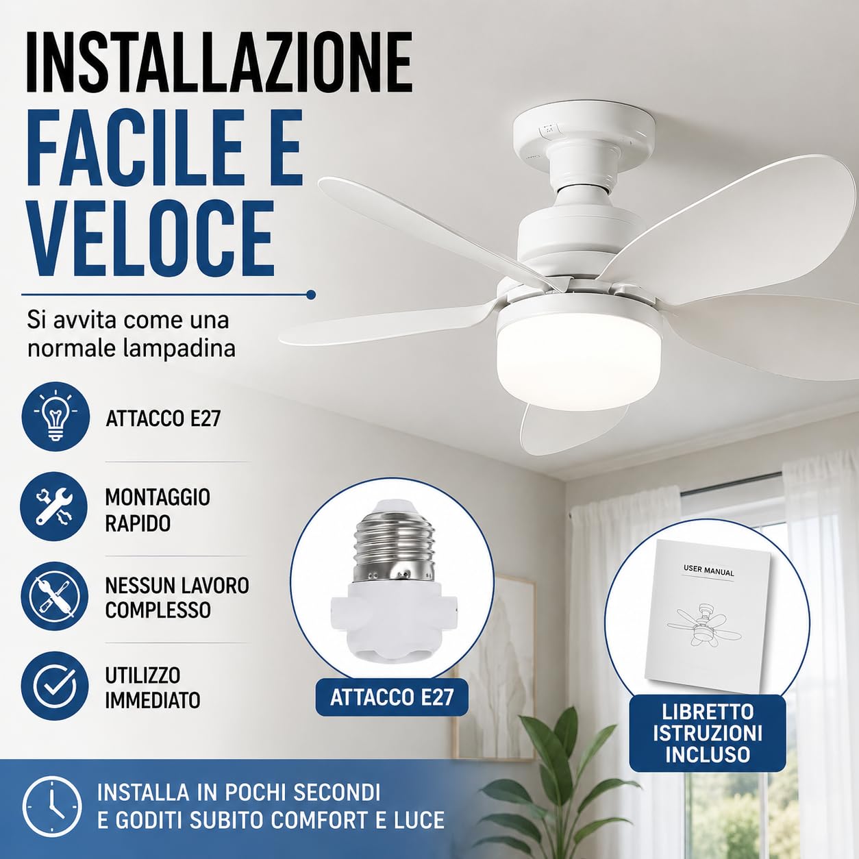 IlGruppone Lampadario con Ventilatore da Soffitto, Luce LED E27 Avvitabile – Lampadario con Ventola 2 in 1 Silenzioso con Telecomando, 6 velocità, Timer e Luce Dimmerabile 51 cm