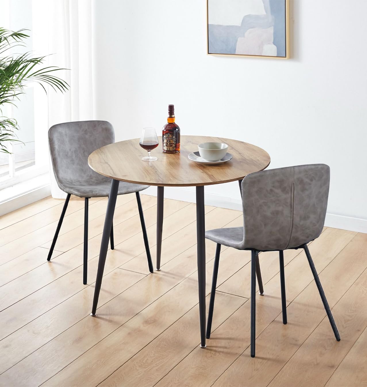 Hallowood Furniture Cullompton Small Round Dining Table and Chairs Set 2, Brown Oak Effect Top Kitchen Table and 2 Chairs in Upholstered Taupe Faux Leather with Metal Legs for Home, Office & Café