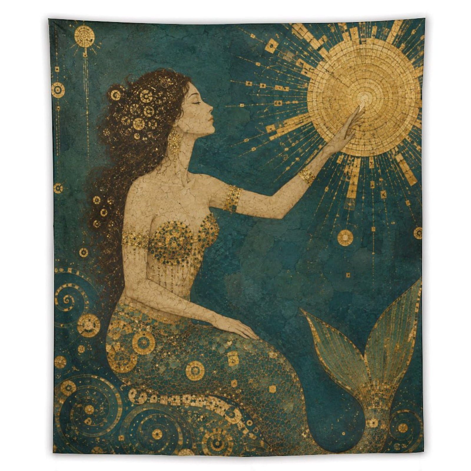 W7C8U2X3 Mermaid Holding Sun Wall Tapestry, Art Nouveau, Art Nouveau