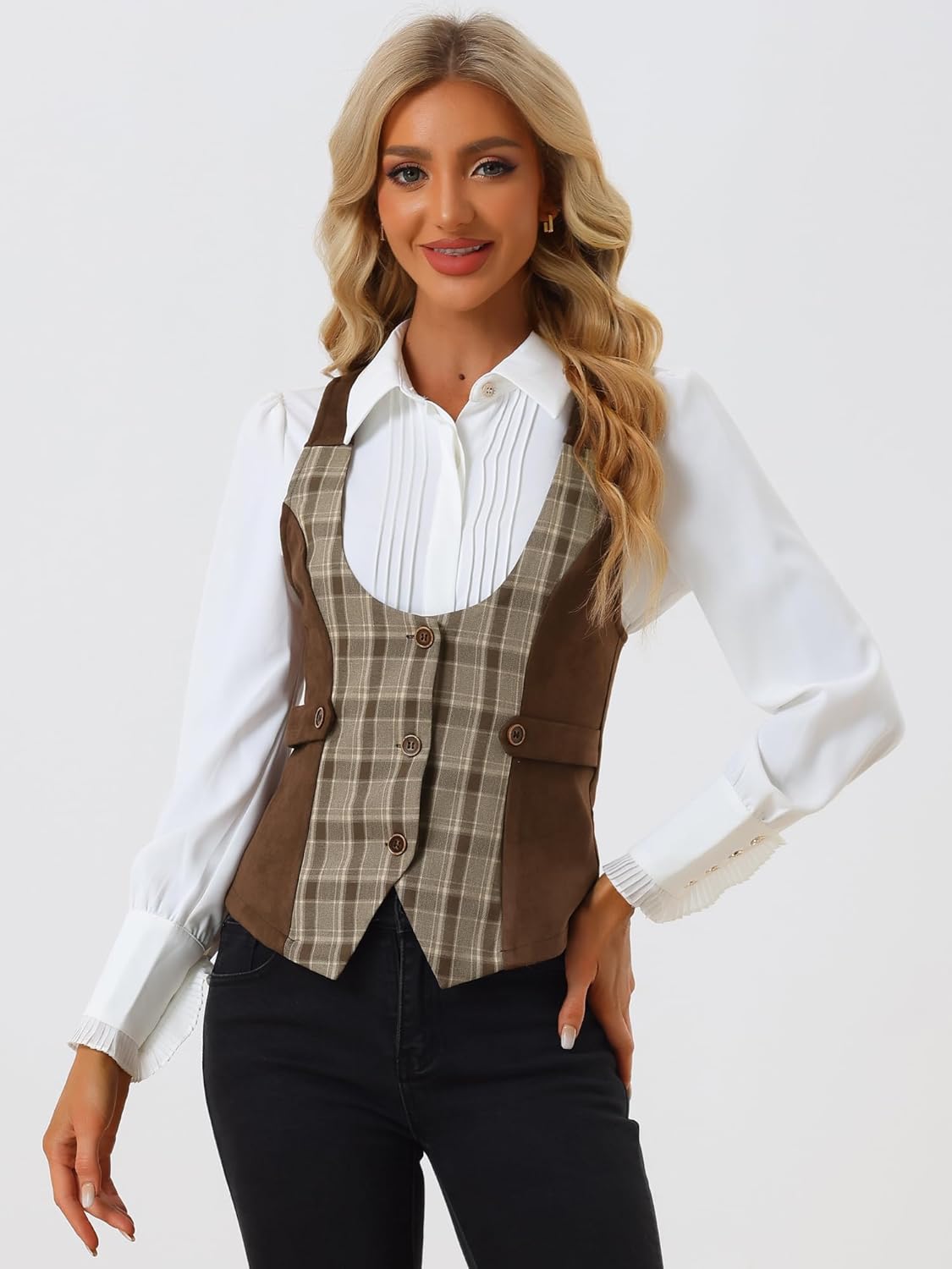 Allegra K Vest for Women's Plaid Button Down Sleeveless Faux Suede Panel Dressy Waistcoat for Blazer - Image 4