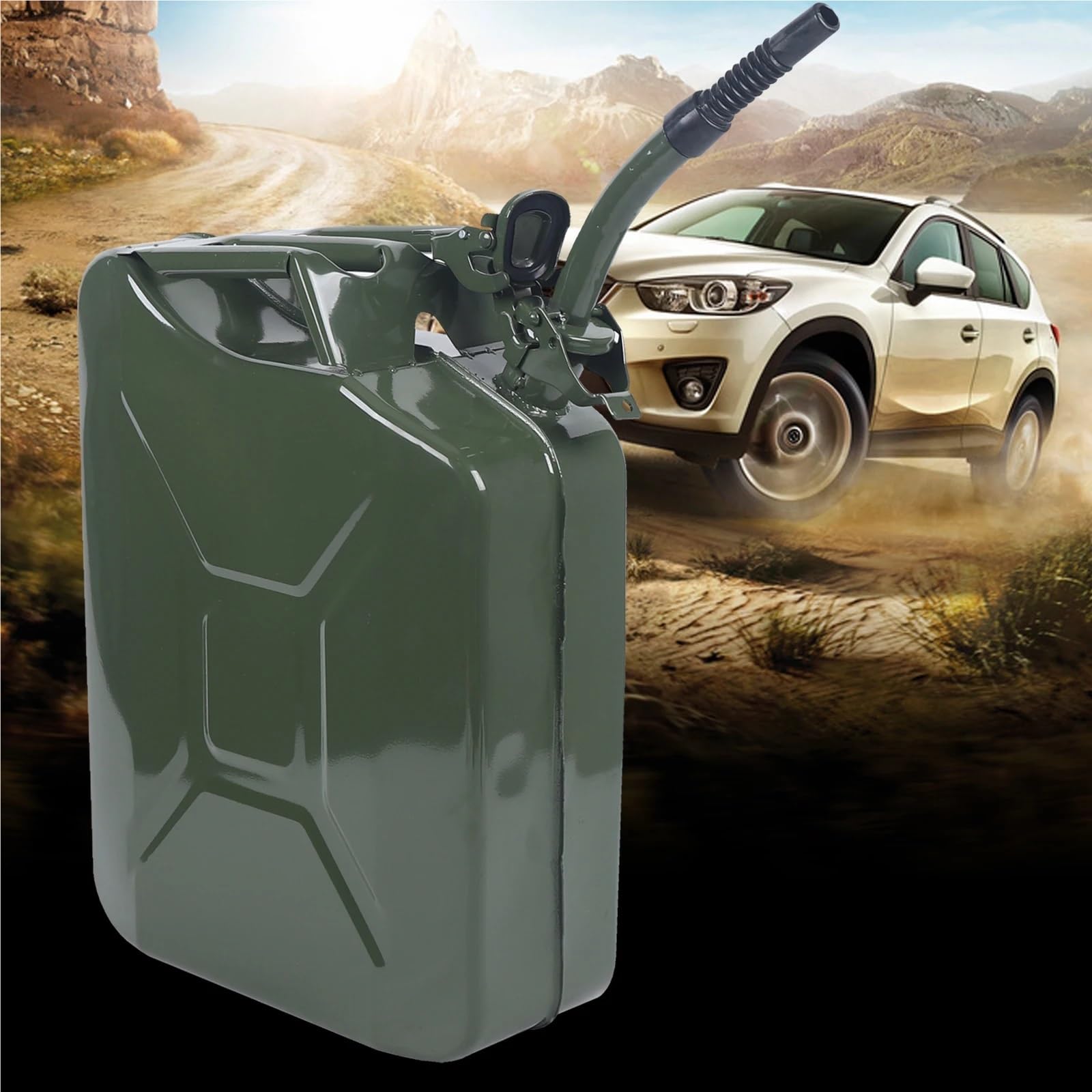 Benzinkanister 20-Liter-Benzinkanister aus Metall, grün, mit Kraftstoffbehälter und Ausgießsystem, Benzineimer aus kaltgewalztem Blech, Benzintank, Dieselkanister