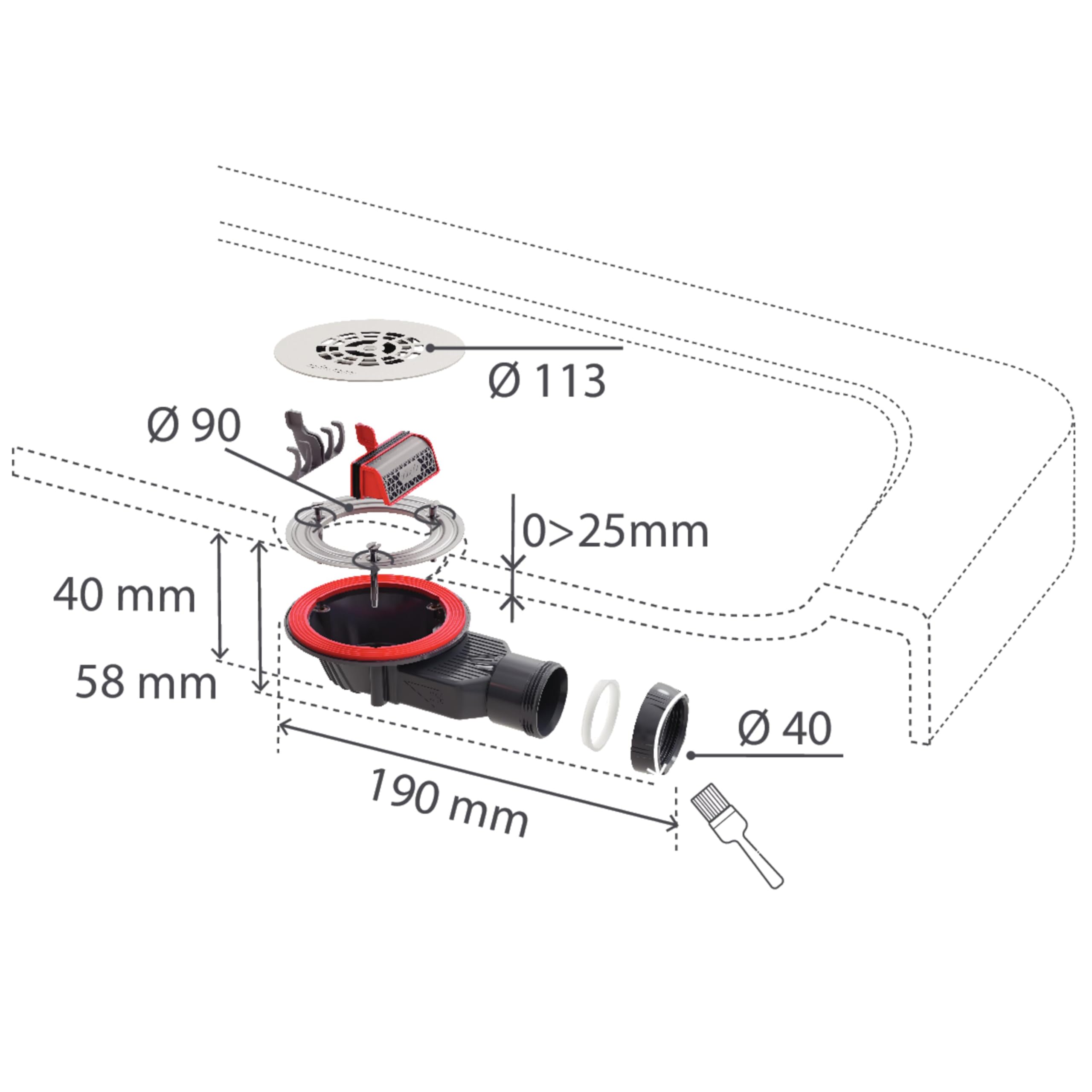 Wirquin Slim+ Duschablauf, extraflach, Ø 90 mm, SMART Membran, Gitter, flach, gebürsteter Edelstahl