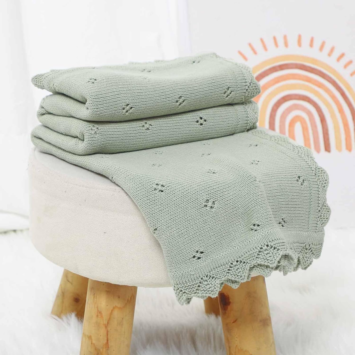 mimixiong Cotton Baby Blanket Knitted Crochet Receiving Crib Nursery Swaddling Blankets for Newborn Baby Boy Girl Sage Green 30x40 Inch