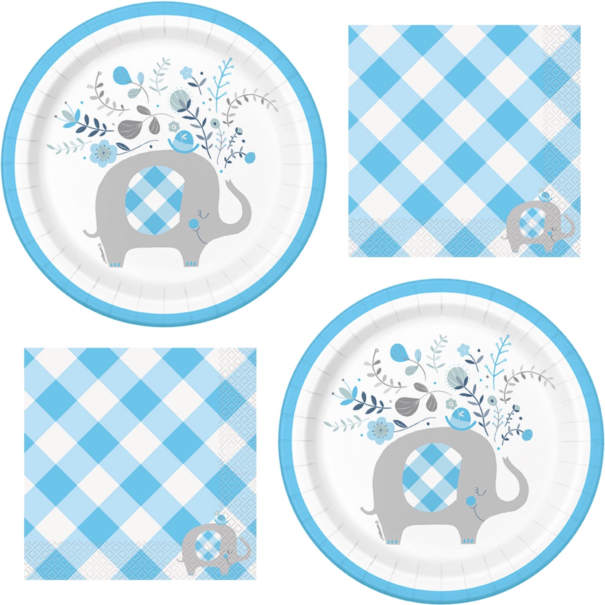 Elefante azul suministros de fiesta y decoración de mesa para niños cumpleaños y baby shower, Platos de papel azul y servilletas de almuerzo (sirve 16)