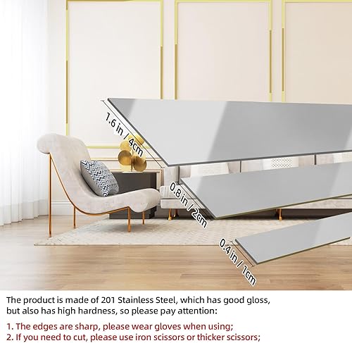 Miniatura 2 de Jaspond Moldura de pared metalizada plateada de acero inoxidable 201, autoadhesivo, 16.4 pies, acabado metalizado similar a un espejo para marco de