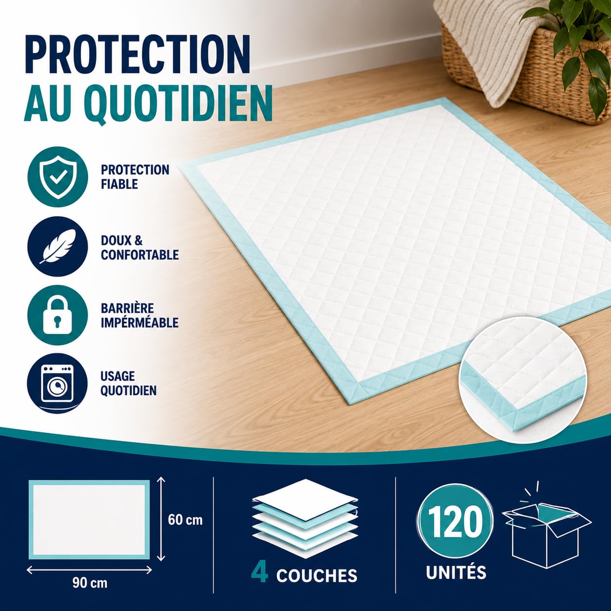 Alèse Jetable Ultra-Absorbante pour Incontinence (60x90 cm) – Imperméable, Hypoallergénique et Douce – Protection pour Lits, Fauteuils et Chaises – Pack de 120 – Le Pro du Médical