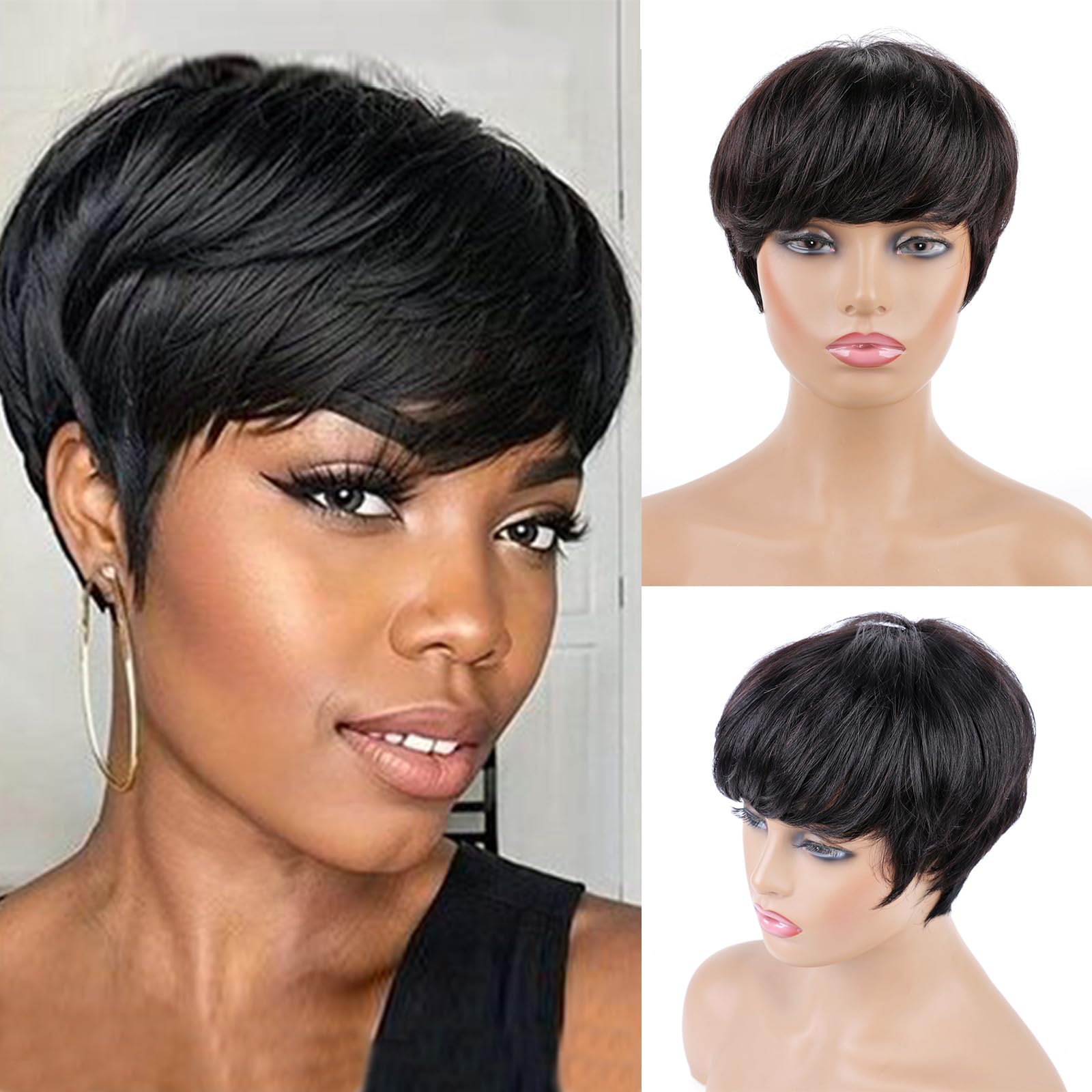 Huarisi Short Layered Pixie Cut Wig with Bangs Human Hair for Black Women Glueless Bob Wigs None Lace Natural Black Straight Breathable Daily Use 1B