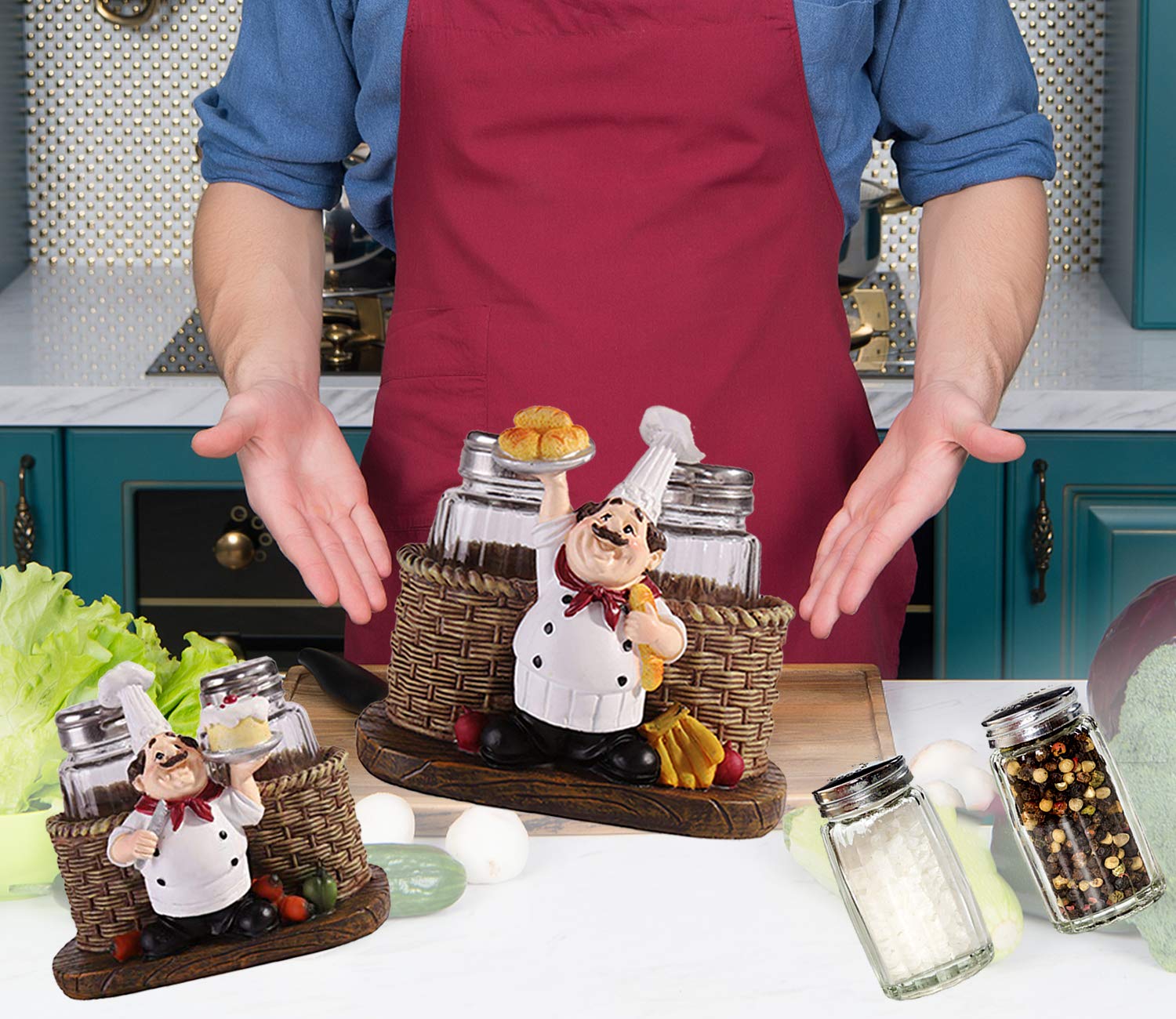 Juego de salero y pimentero, organizador de especias decorativo de chef sentado, tarros de especias de cristal con soporte para la familia, cocina, restaurante, cafetería, panadería