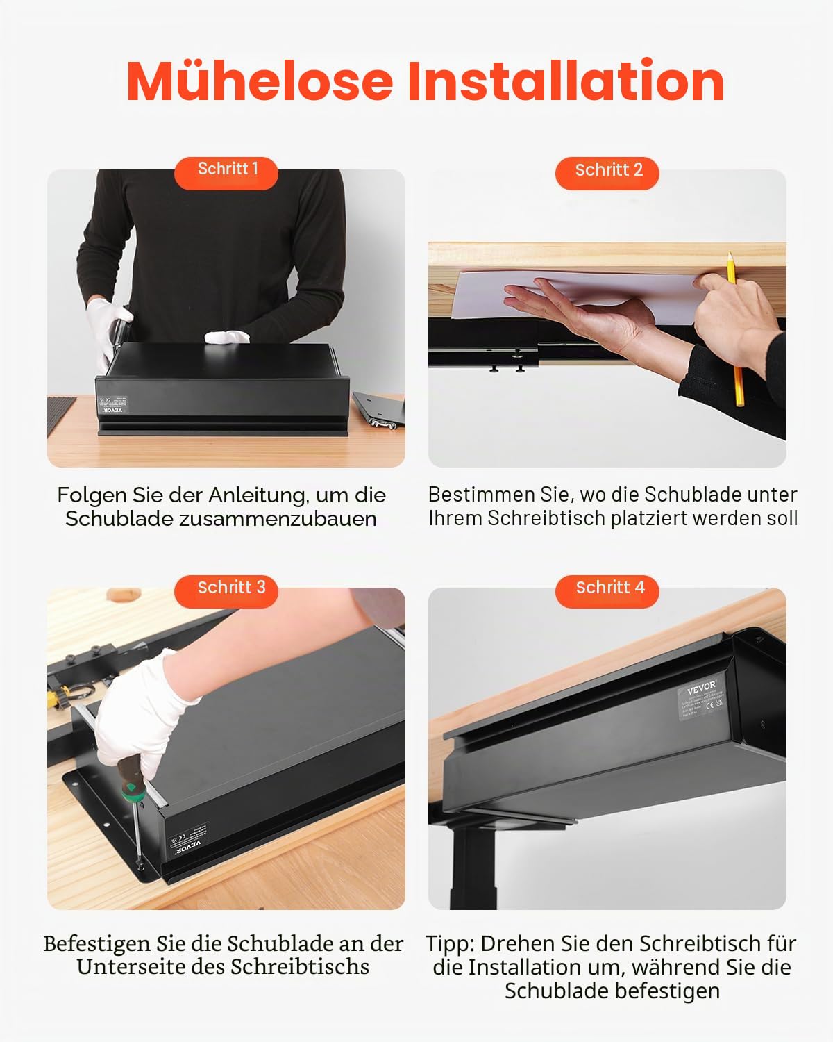 VEVOR Untertisch Schublade 440x223x101 mm, Unterbau Schreibtisch, versteckter Schreibtisch-Aufbewahrungs-Organizer, Bleistiftschublade unter dem Tisch für Sitz-Steh-Arbeitsplätze im Büro & zu Hause