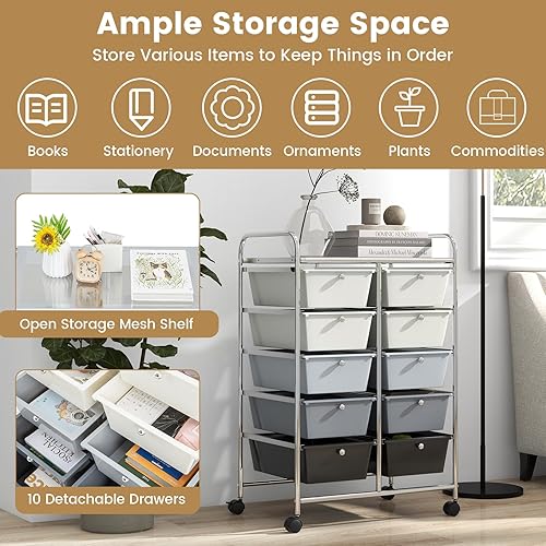 Miniatura 3 de HAPPYGRILL Carrito de almacenamiento con ruedas de 10 cajones, carrito organizador de almacenamiento con ruedas bloqueables, carrito de utilidad