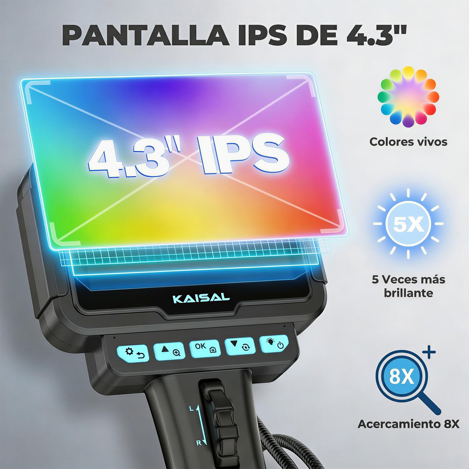KAISAL Endoscopio Camara de Inspeccion, 6.25mm Cámara Endoscópica con Cabezal Giratorio de 210°, 4,3" 1080 HD Endoscopio, Cámara Endoscópica Tuberías IP67 Impermeable con Luz & Base Magnética